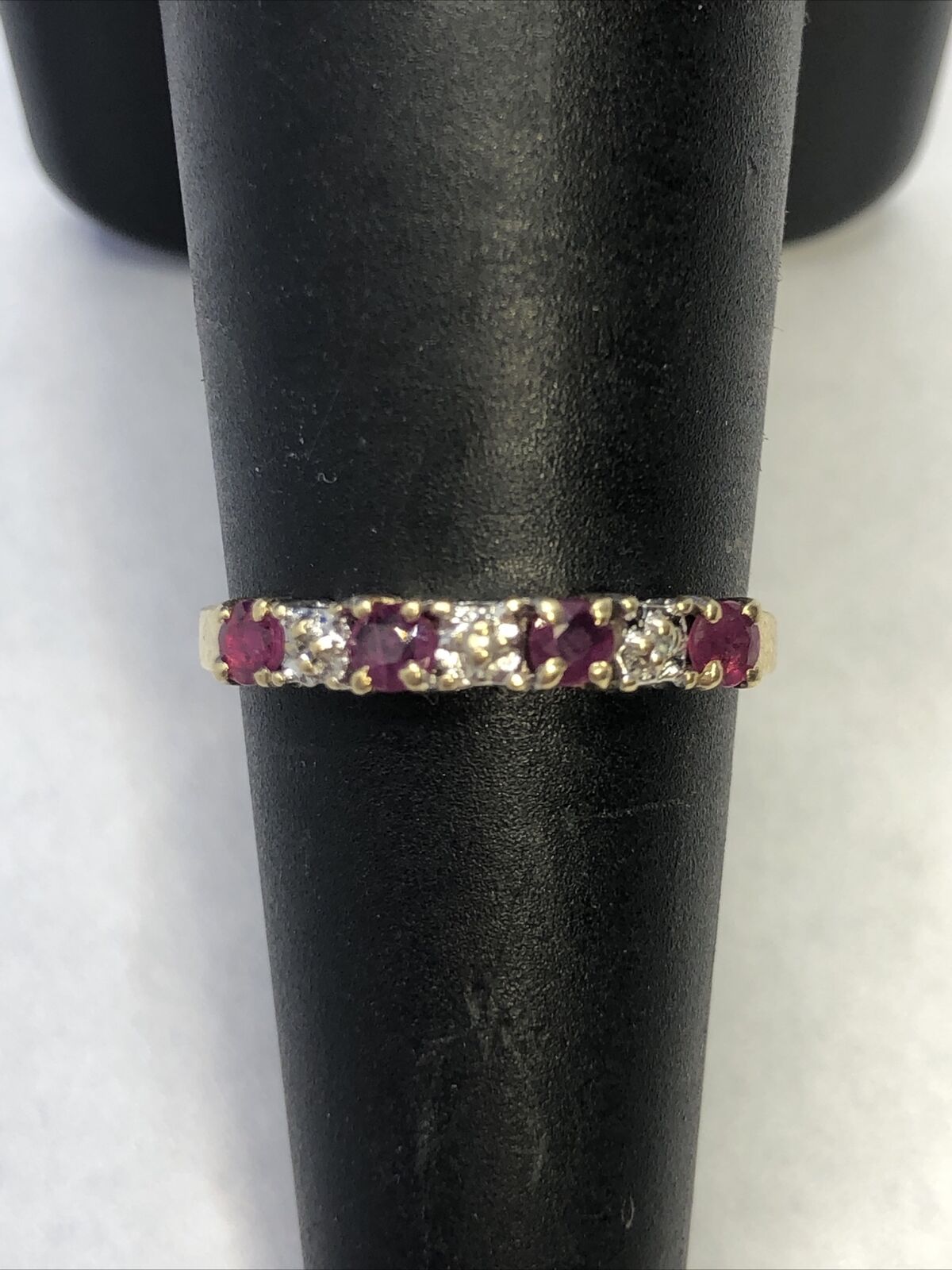 Designer 10K Yellow Gold Round Ruby Diamond Stackable Anniversary Band Ring