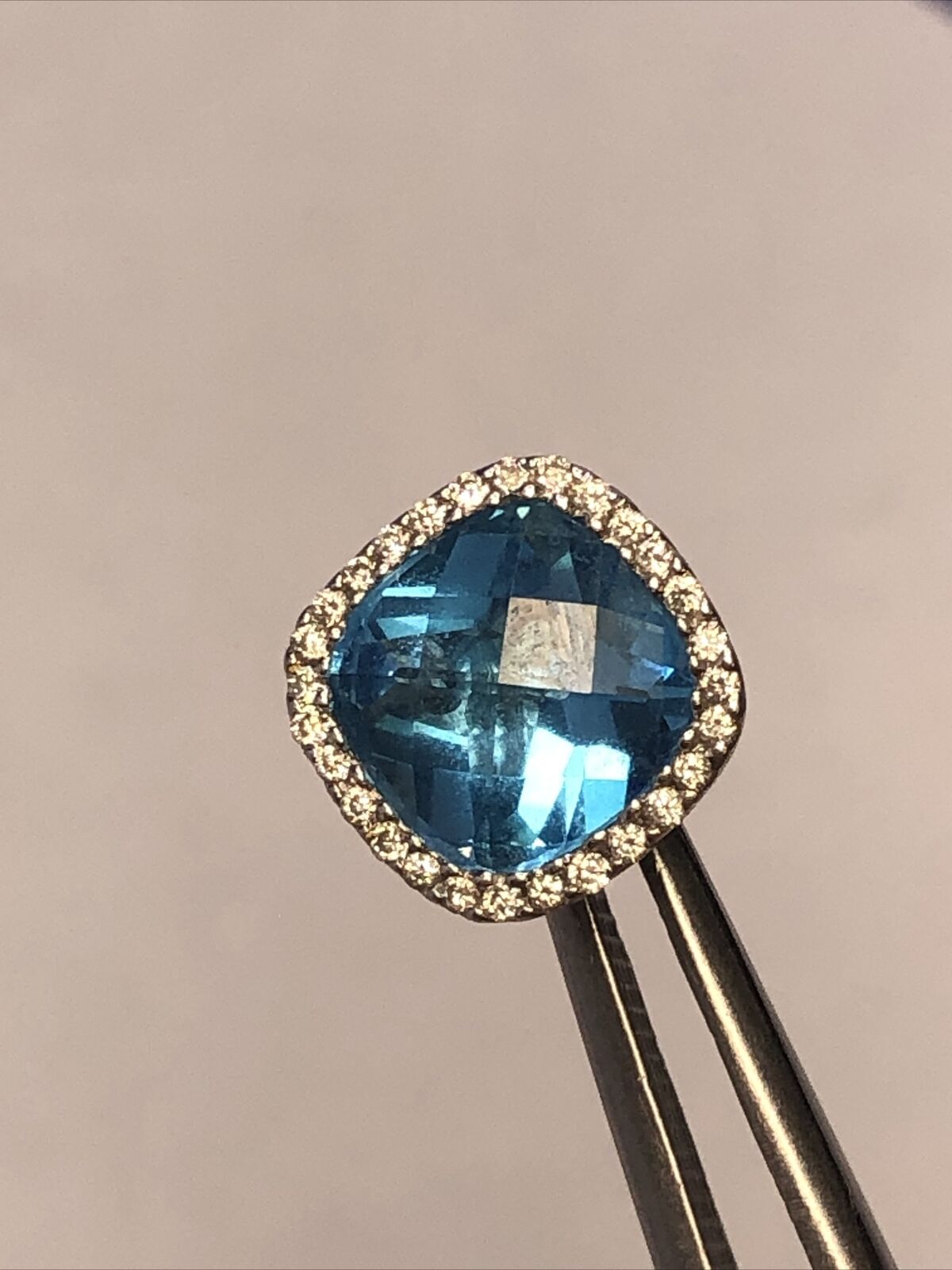 18K White Gold Square Cushion Cut Blue Topaz White Topaz Accents Stud Earrings