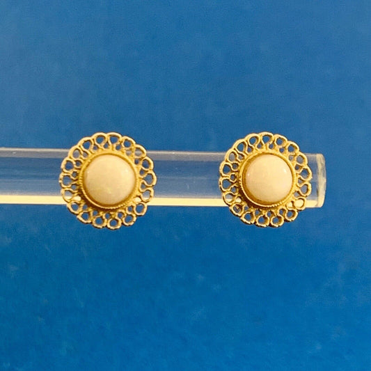 14K Yellow Gold Opal Filigree Detail Stud Earrings