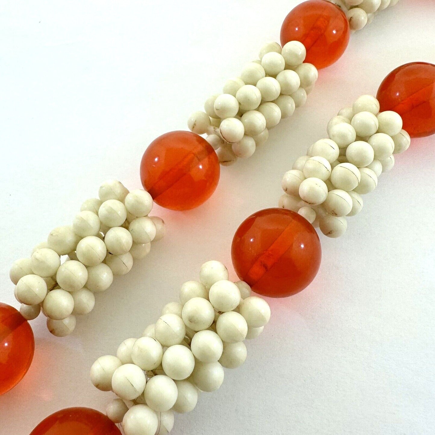 Mid Century Orange and White Lucite Popcorn Necklace Clip Earrings Statement Set