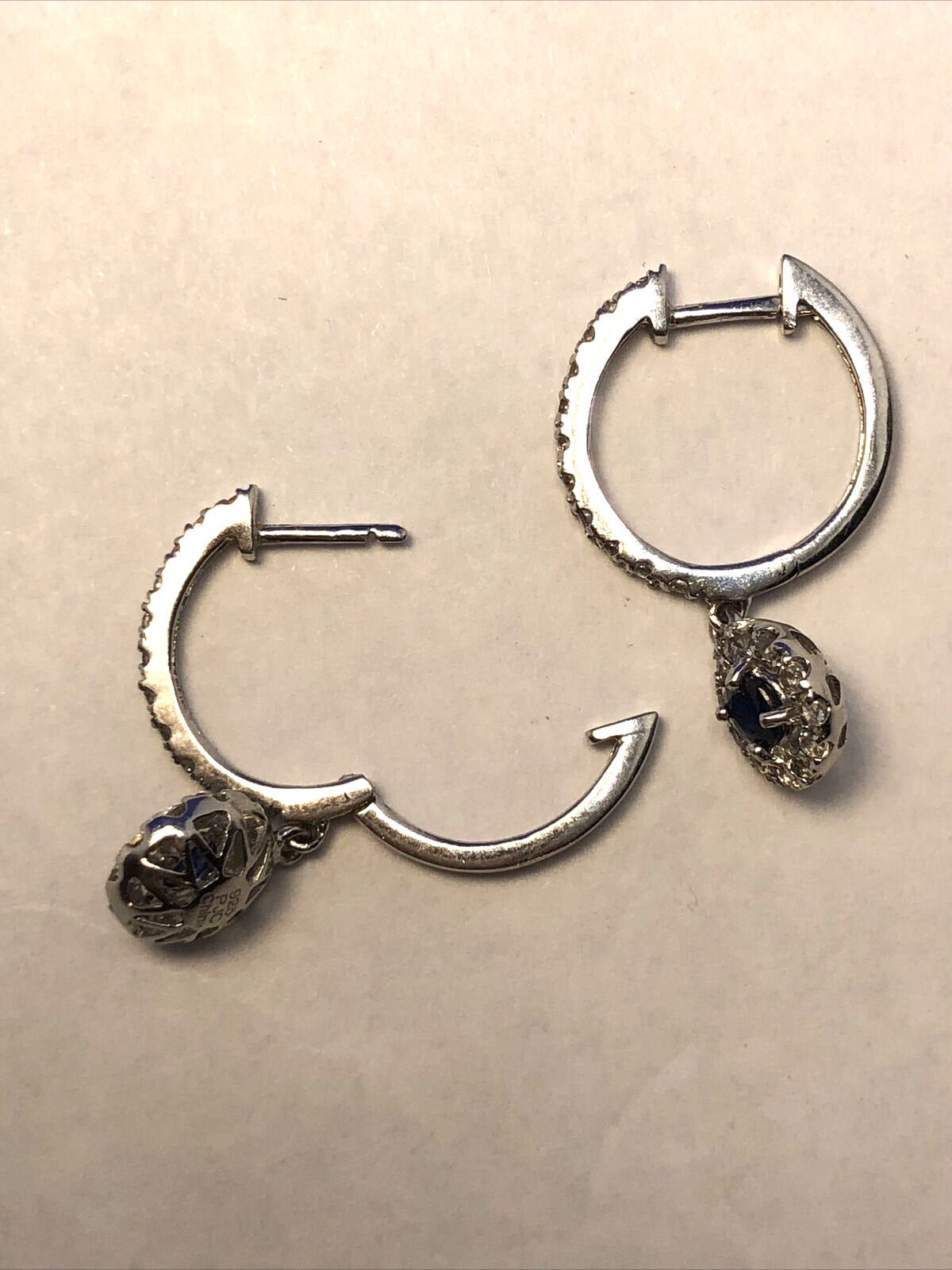 PJC 925 Sterling Silver Round Sapphire White Topaz Dangle Hinged Hoop Earrings