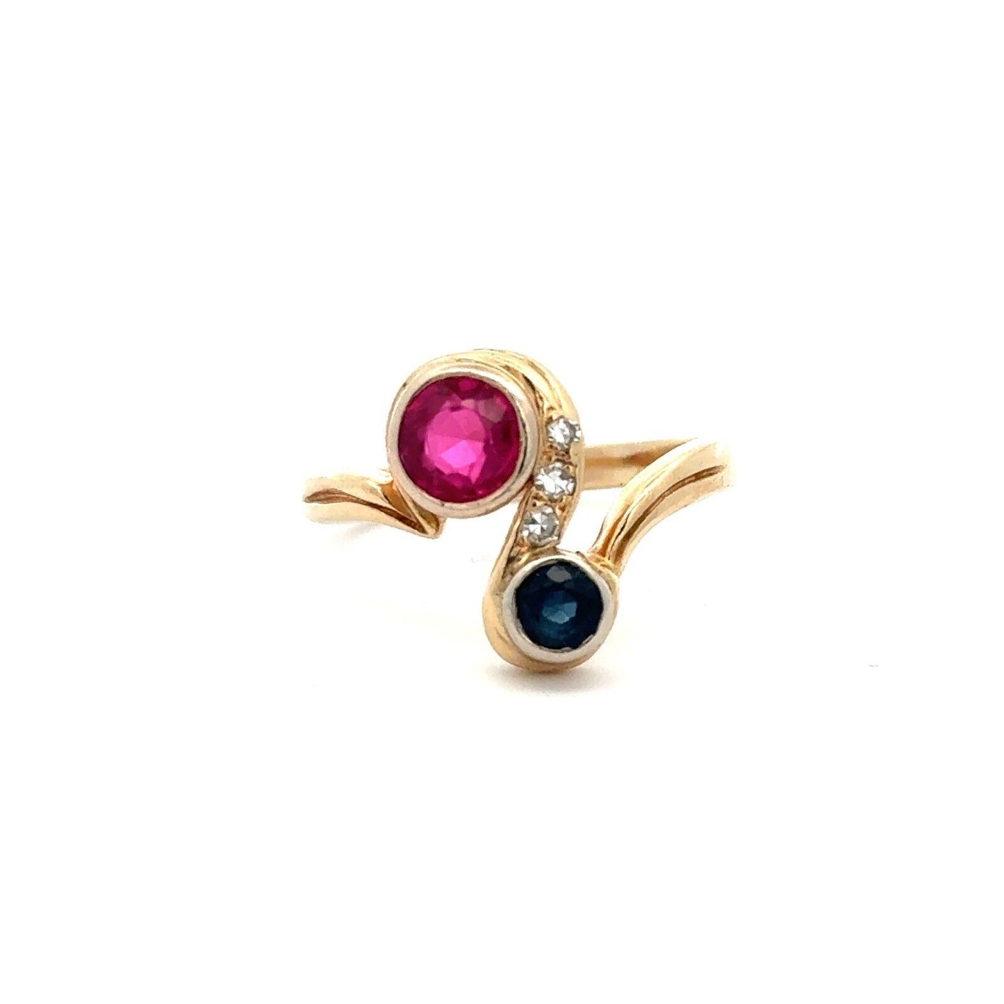 Vintage Custom 14K Yellow Gold Round Blue Sapphire Ruby Diamond Bypass Ring