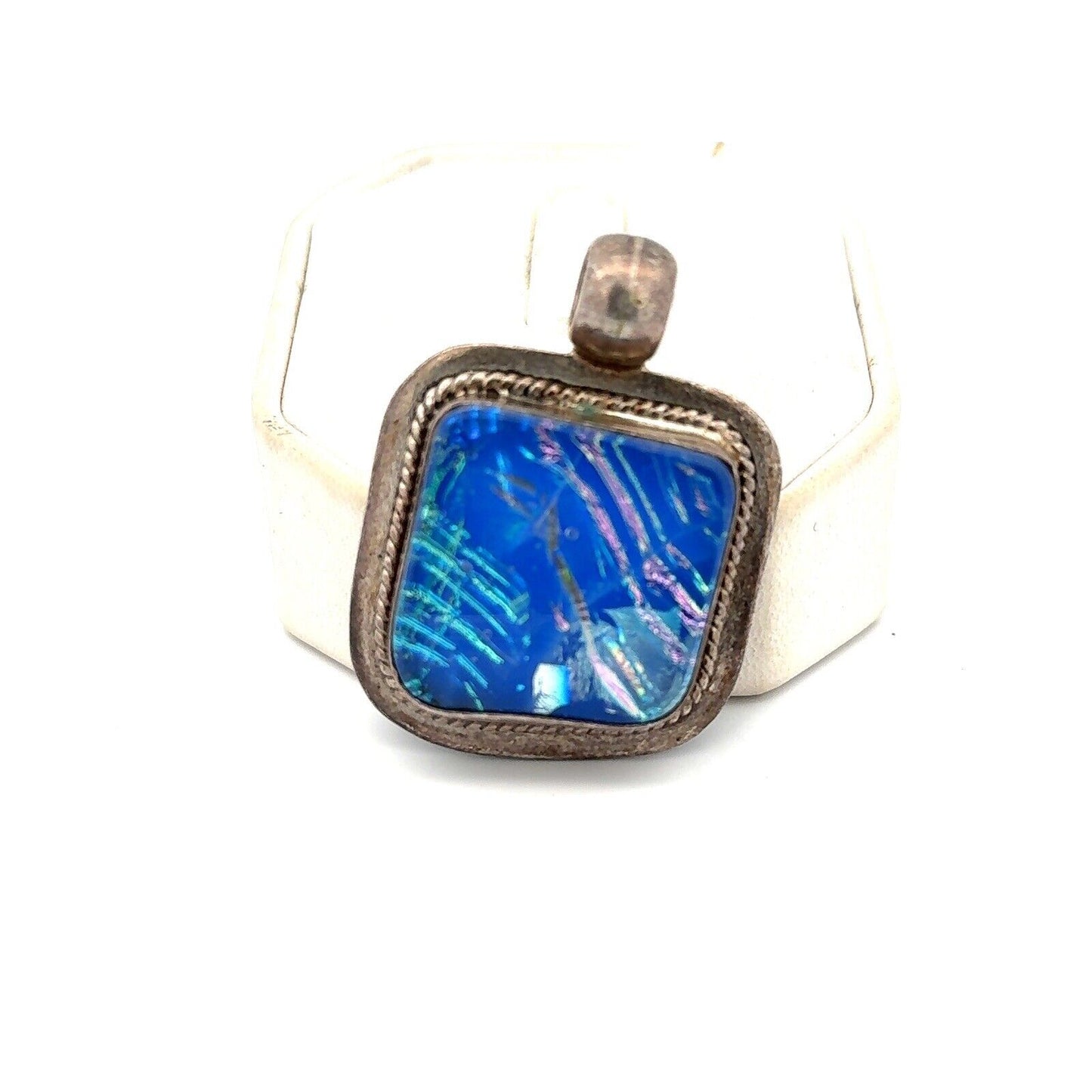 Vintage 925 Sterling Silver Square Blue Diacrylic Glass Statement Pendant