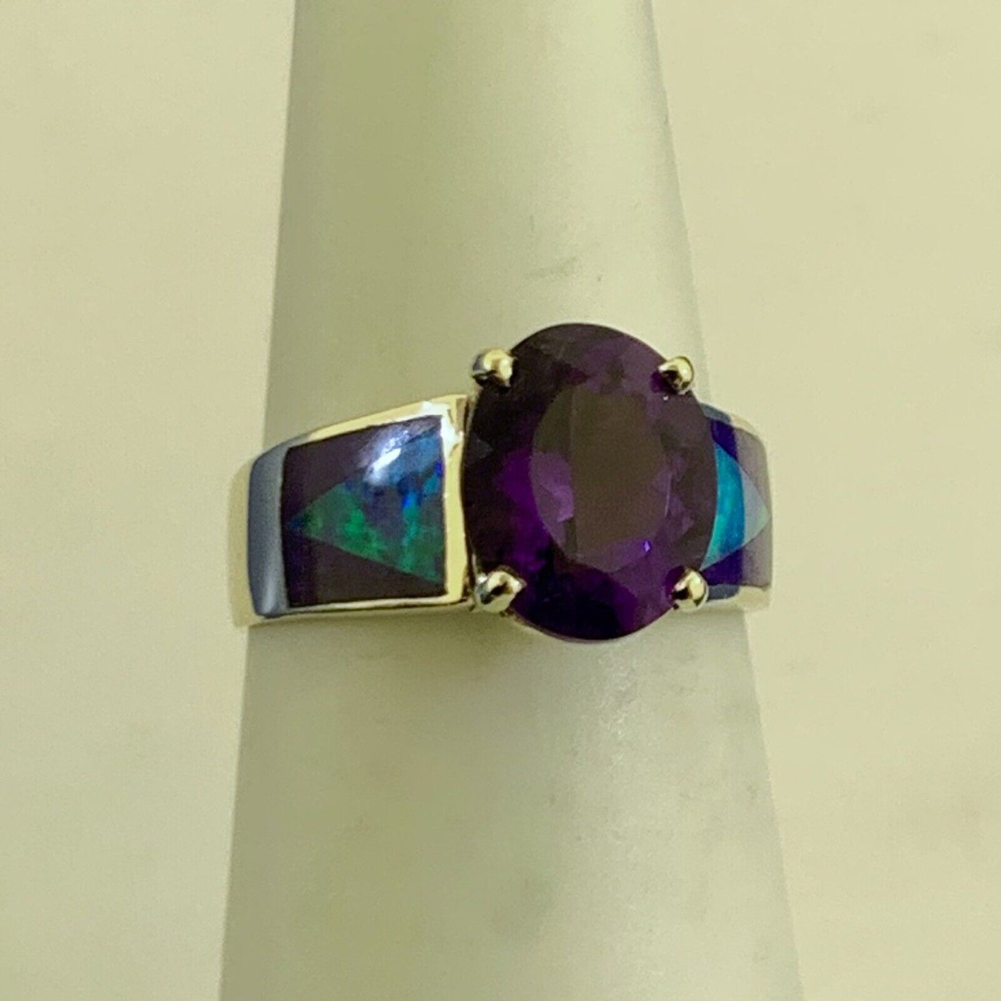 Vintage 14K Yellow Gold Oval Amethyst Opal Inlay Purple Enamel Cocktail Ring