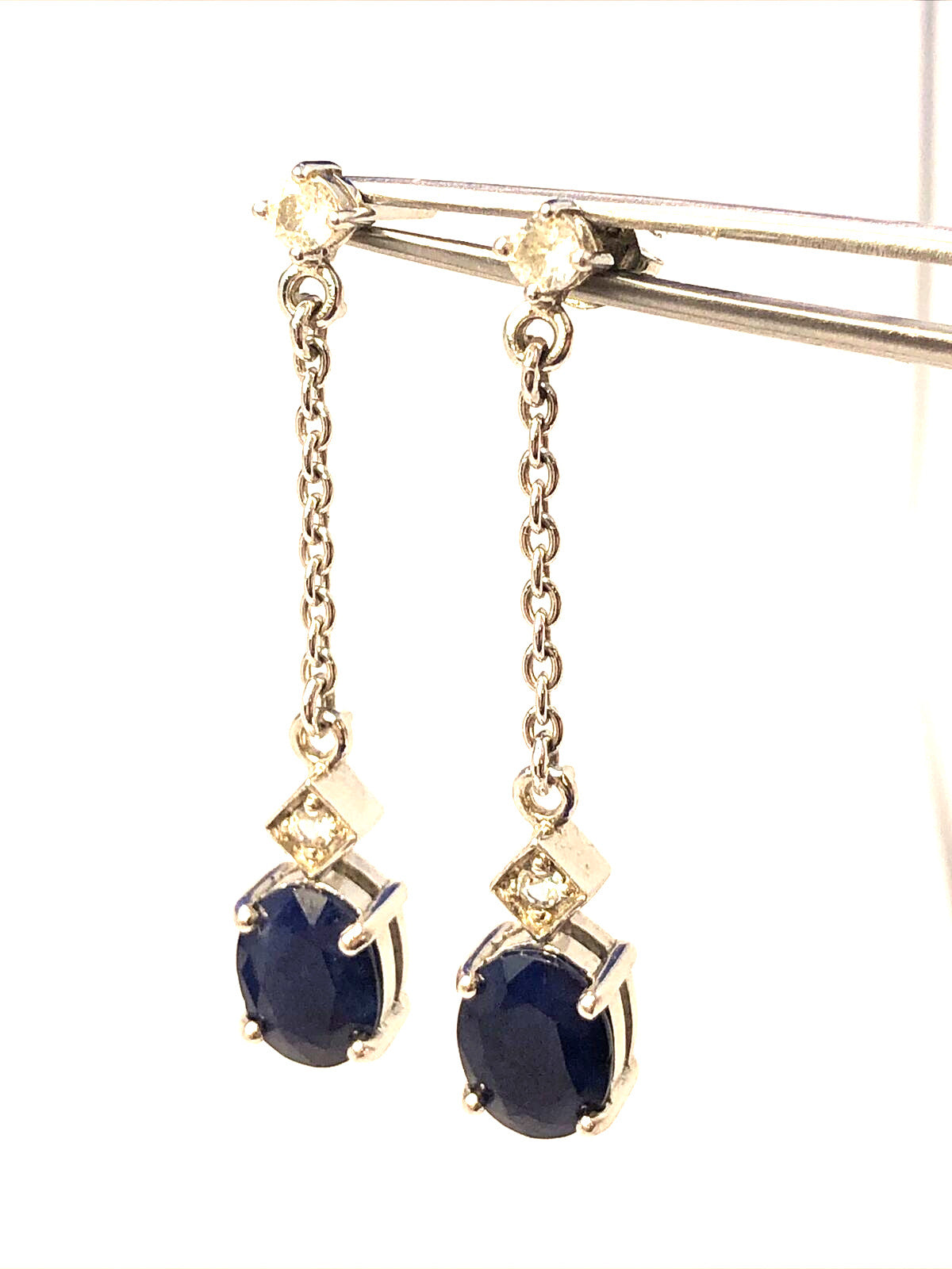 TGGC 925 Sterling Silver Oval Sapphire White Topaz Accents Dangle Stud Earrings