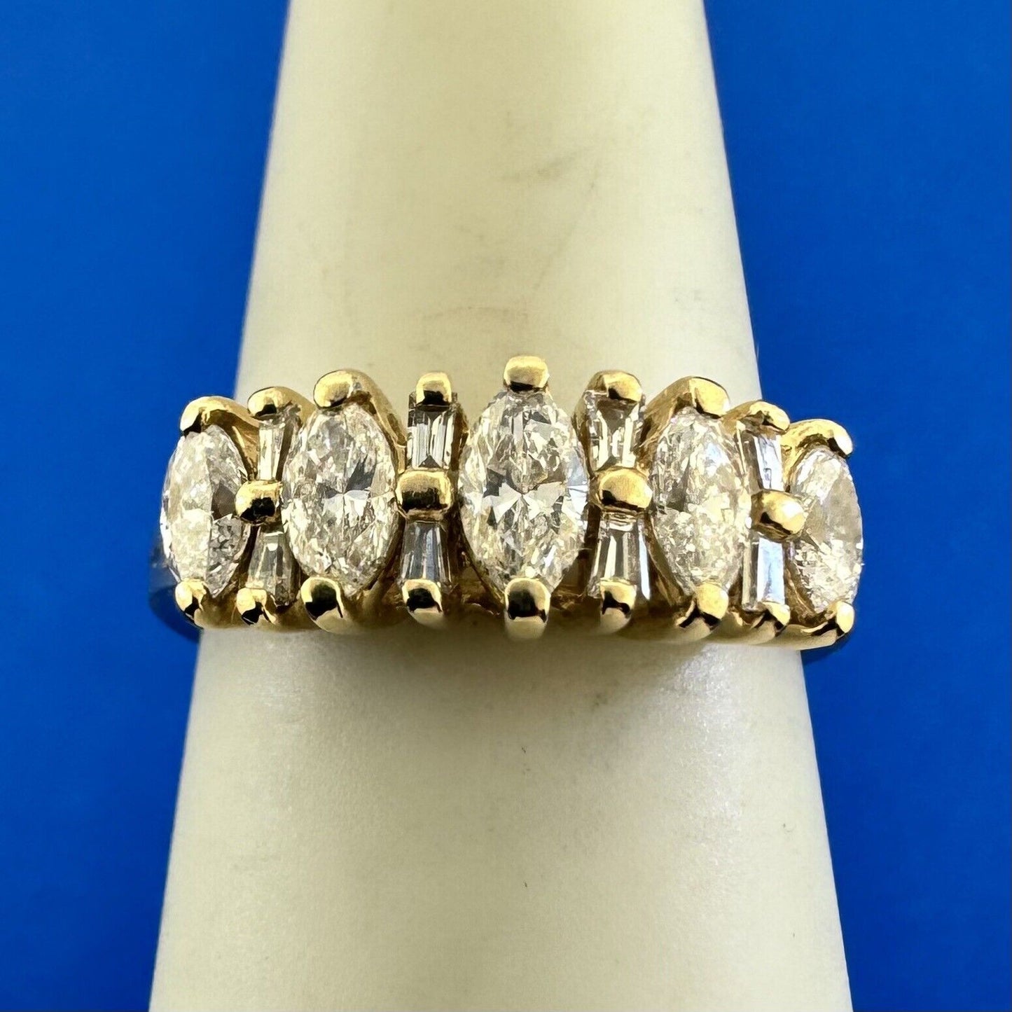 Designer 14K Yellow Gold Marquise & Baguette Diamond Anniversary Band Ring