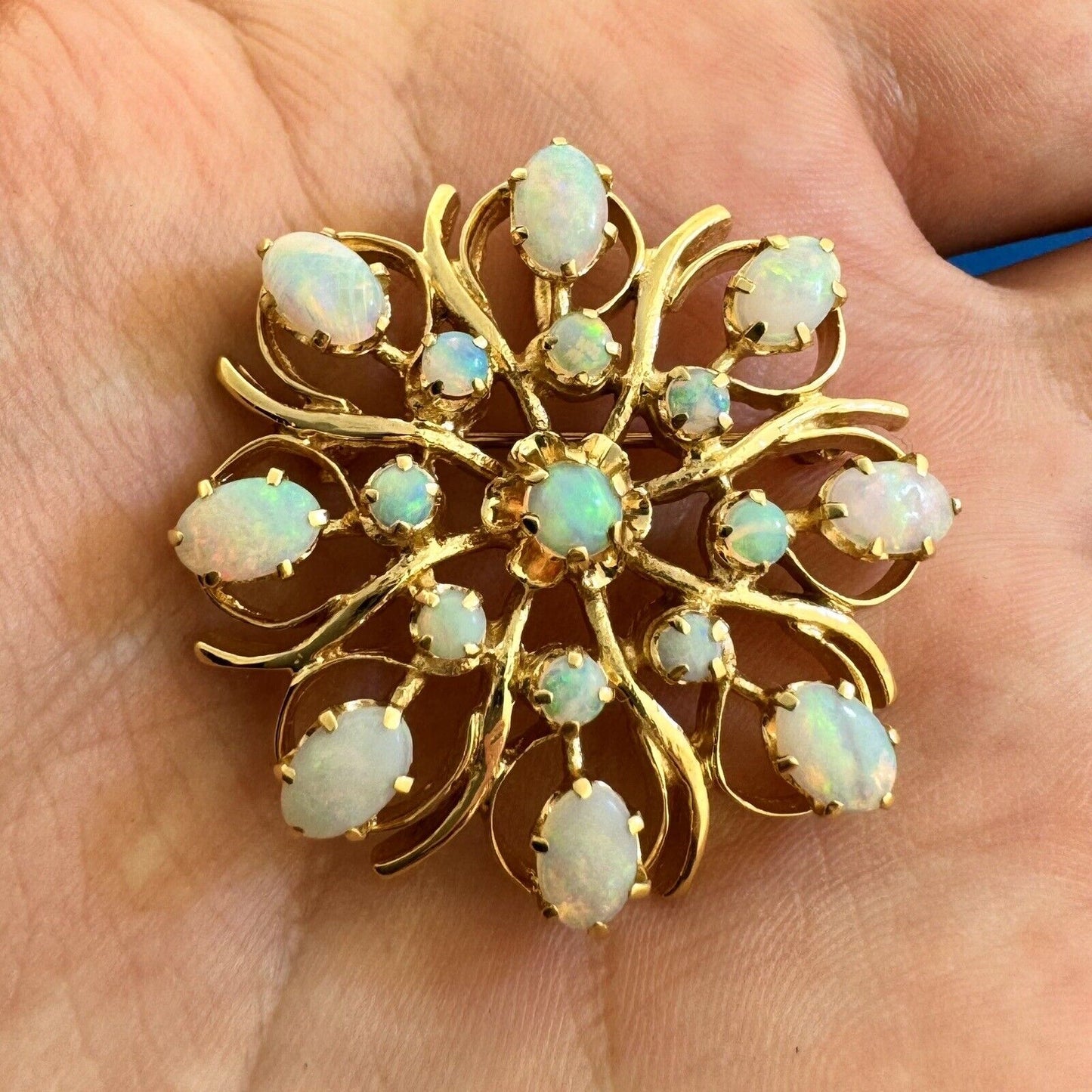 Beautiful 14K Yellow Gold Opal Round Flower Snowflake Pendant Brooch