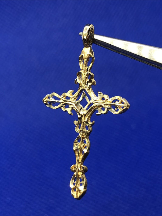 Designer ASJ 14K Yellow Gold Filigree Scroll Detailed Religious Cross Pendant