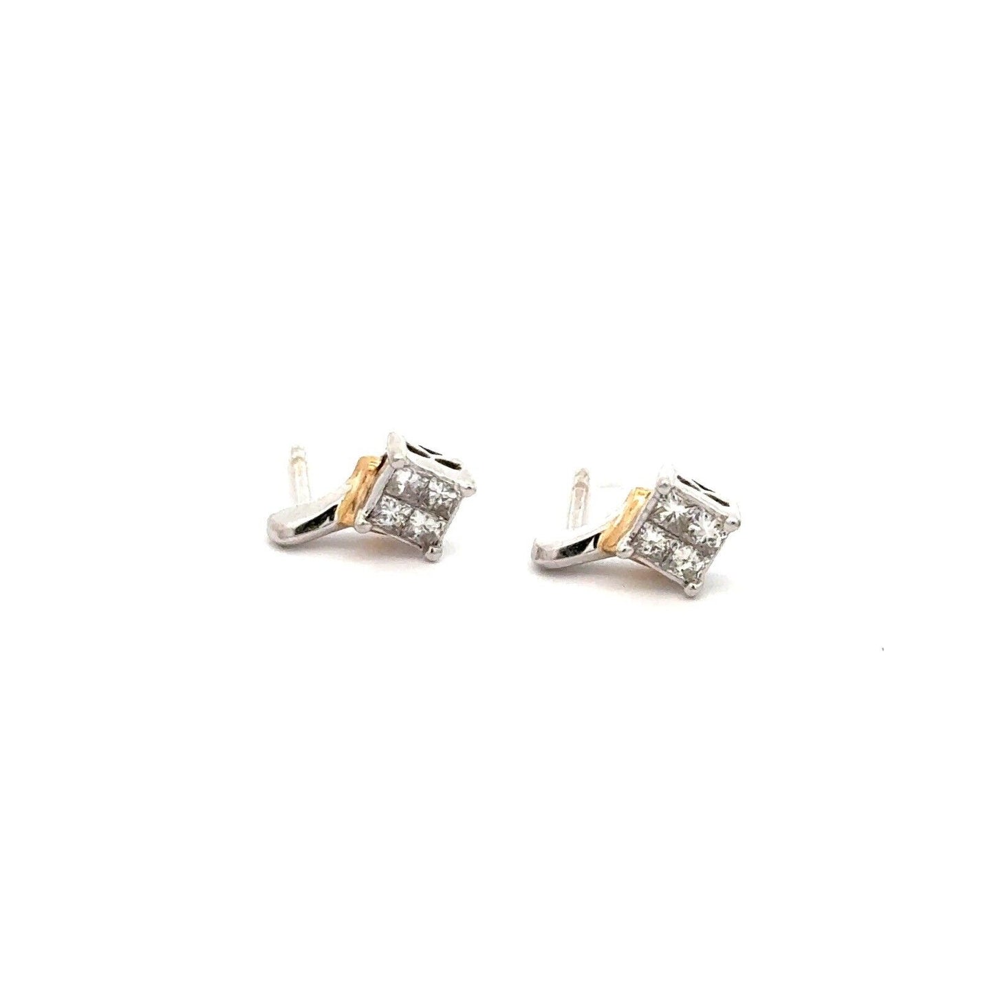 Designer Two Tone 14K White & Yellow Gold 0.13ct Princess Diamond Stud Earrings