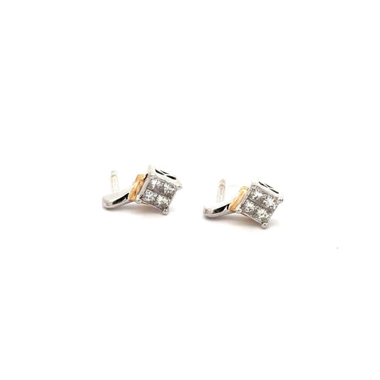 Designer Two Tone 14K White & Yellow Gold 0.13ct Princess Diamond Stud Earrings