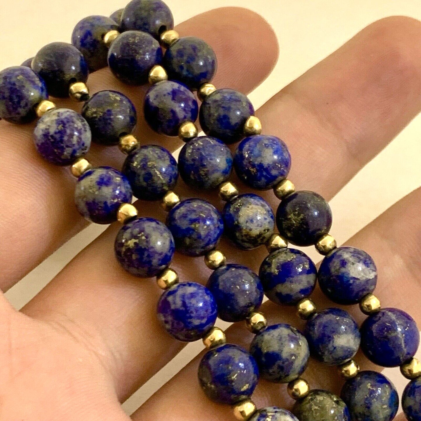 Vintage 14K Yellow Gold Lapis Lazuli Bead Enlightenment Self Awareness Necklace