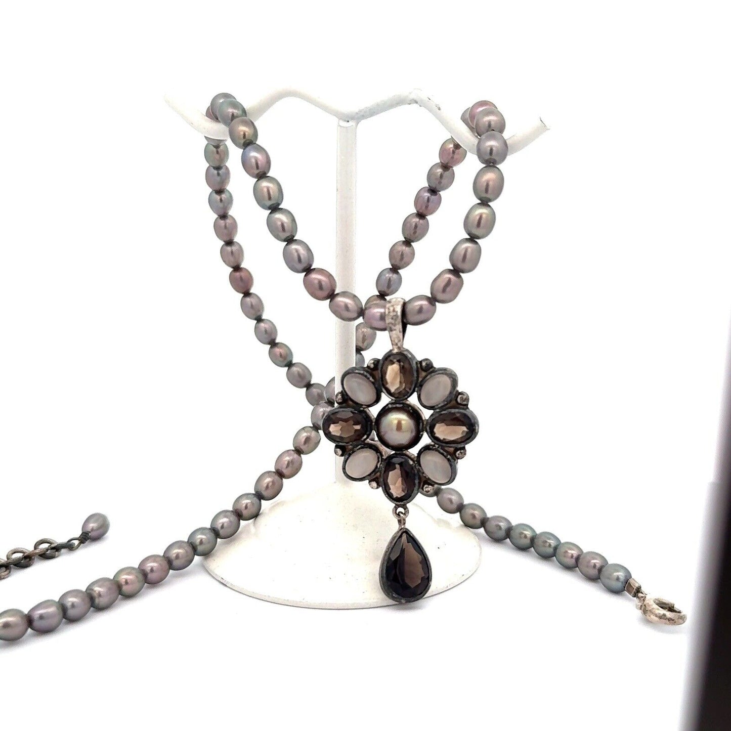 Designer JGD 925 Sterling Silver Moonstone Smokey Topaz Pearl Beaded Necklace