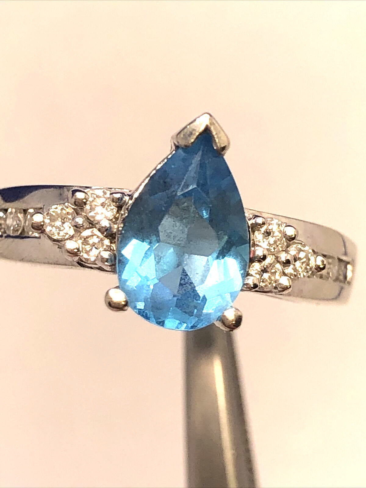 Designer 14K White Gold Pear Blue Topaz Round Diamond Engagement Size 7 Ring