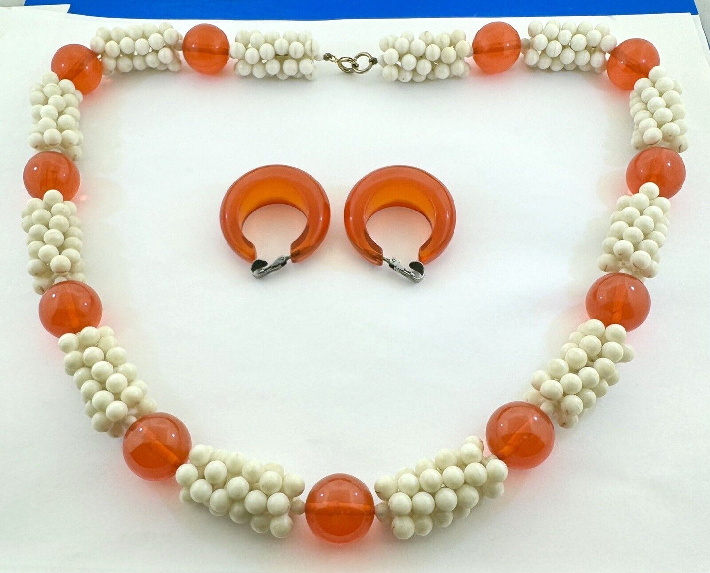 Mid Century Orange and White Lucite Popcorn Necklace Clip Earrings Statement Set