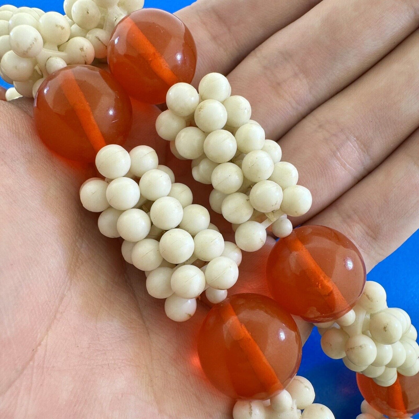 Mid Century Orange and White Lucite Popcorn Necklace Clip Earrings Statement Set