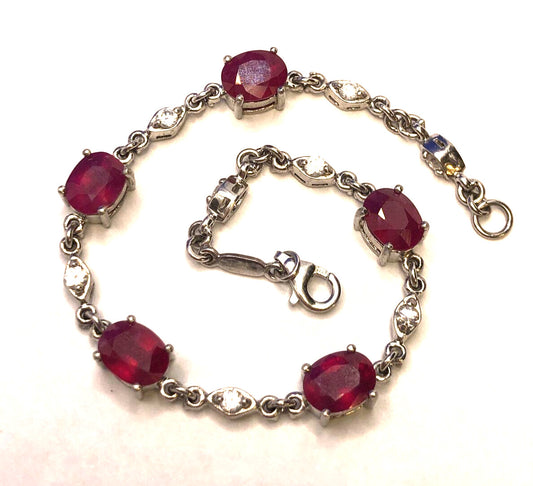 Designer TGGC 925 Sterling Silver Oval Ruby White Topaz Accents Tennis Bracelet