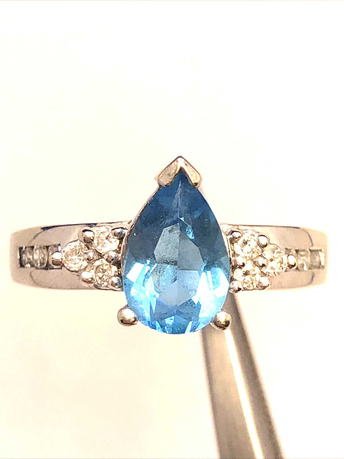 Designer 14K White Gold Pear Blue Topaz Round Diamond Engagement Size 7 Ring