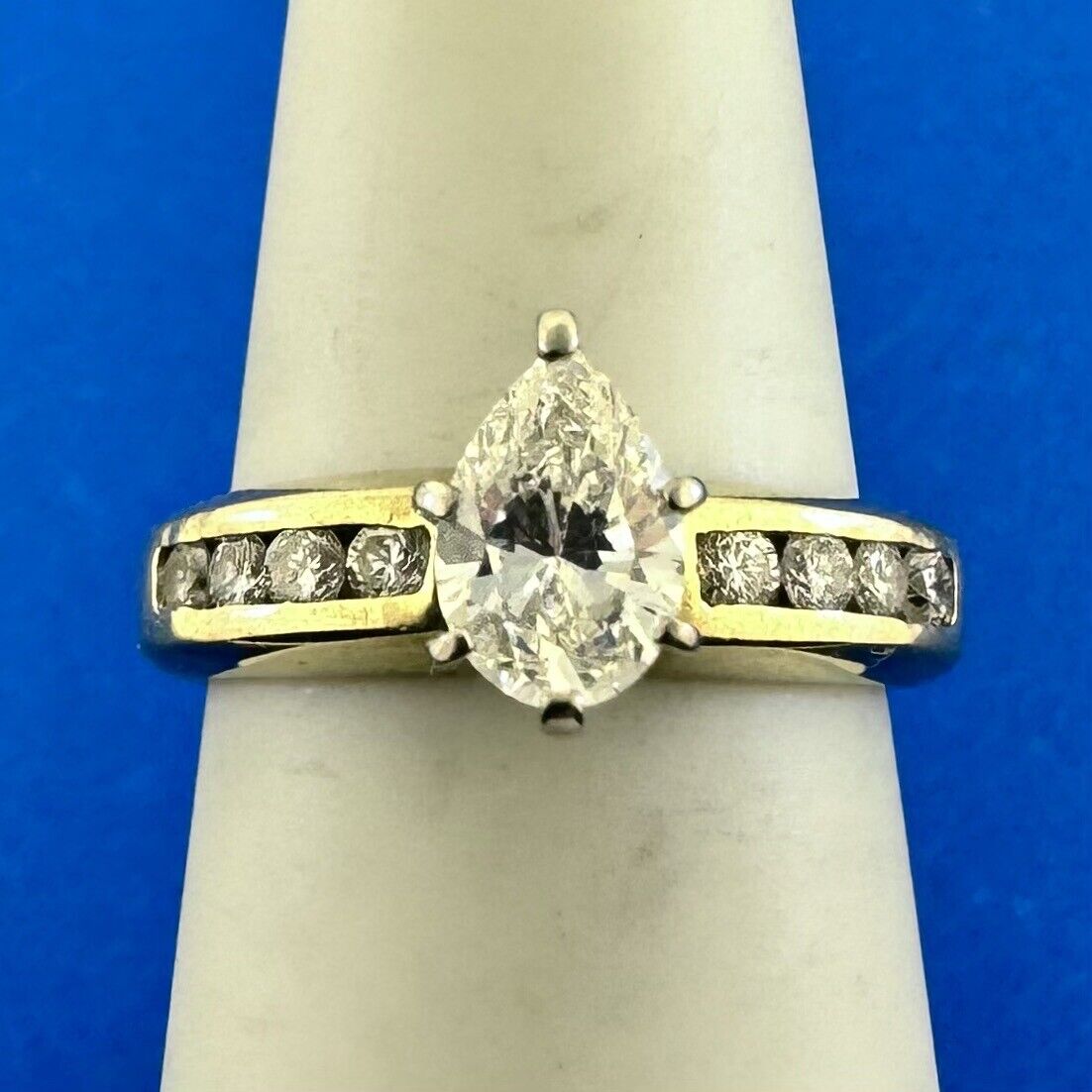 Designer RJK 14K Yellow Gold Pear Diamond Solitaire w/Accents Engagement Ring