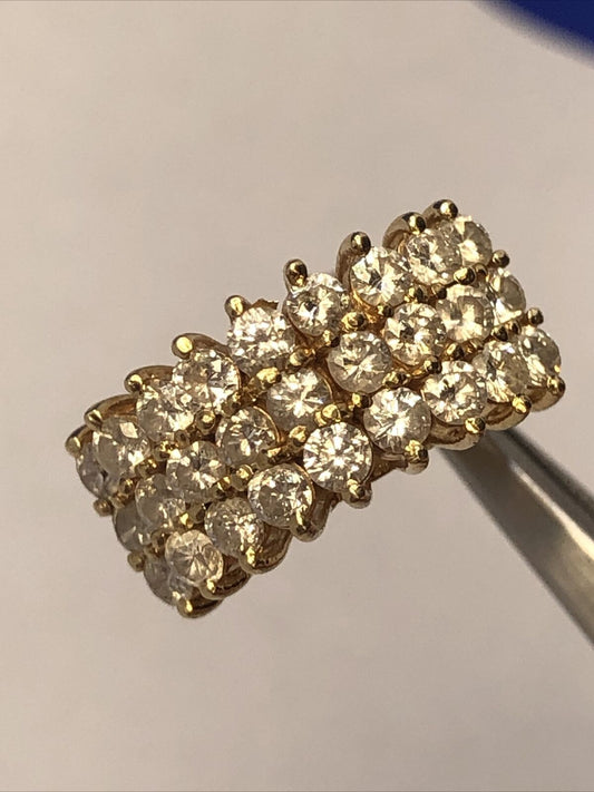 Unique 14K Yellow Gold Round Diamond 3 Rows Cluster Dome Statement Band Ring