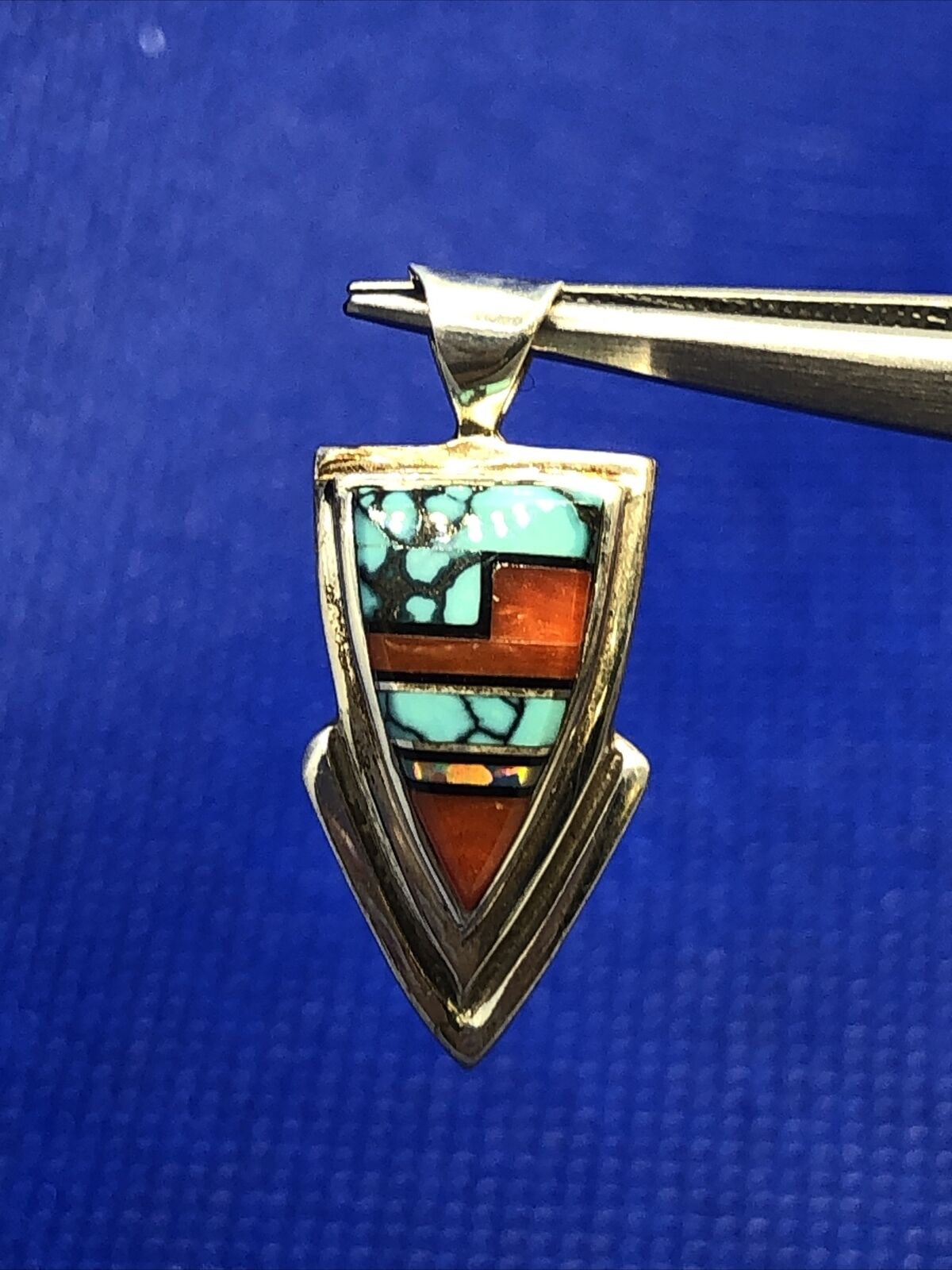 Native American Concho 925 Silver Turquoise Coral Opal Inlay Triangle Pendant