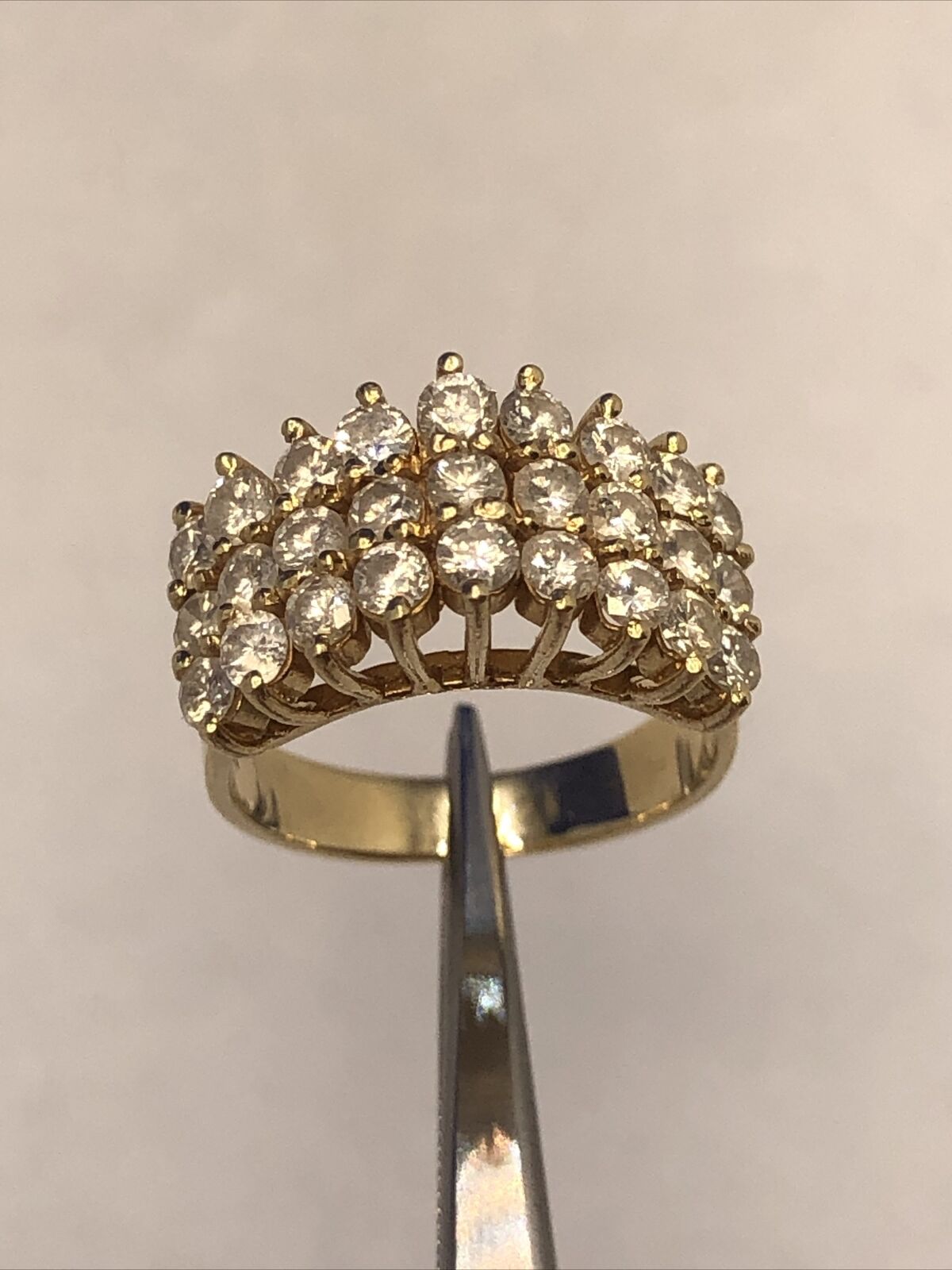 Unique 14K Yellow Gold Round Diamond 3 Rows Cluster Dome Statement Band Ring