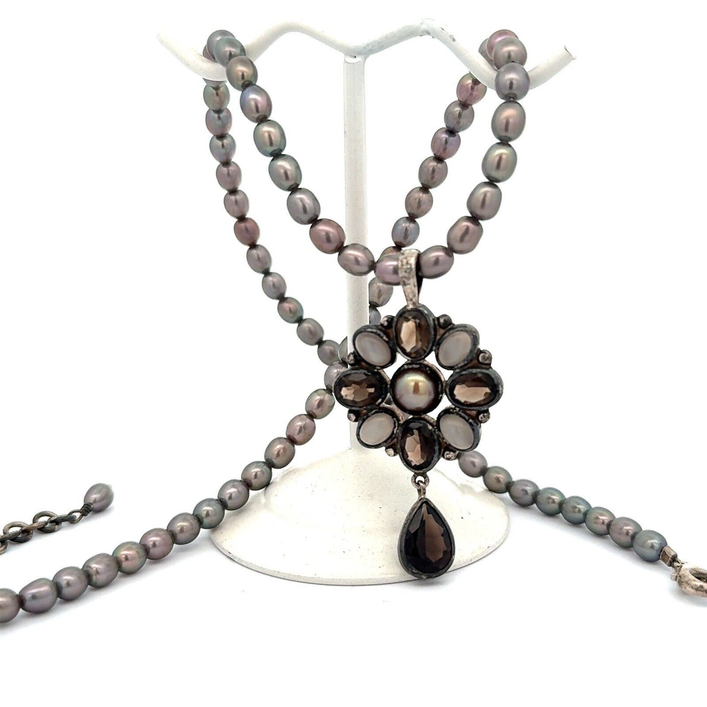 Designer JGD 925 Sterling Silver Moonstone Smokey Topaz Pearl Beaded Necklace