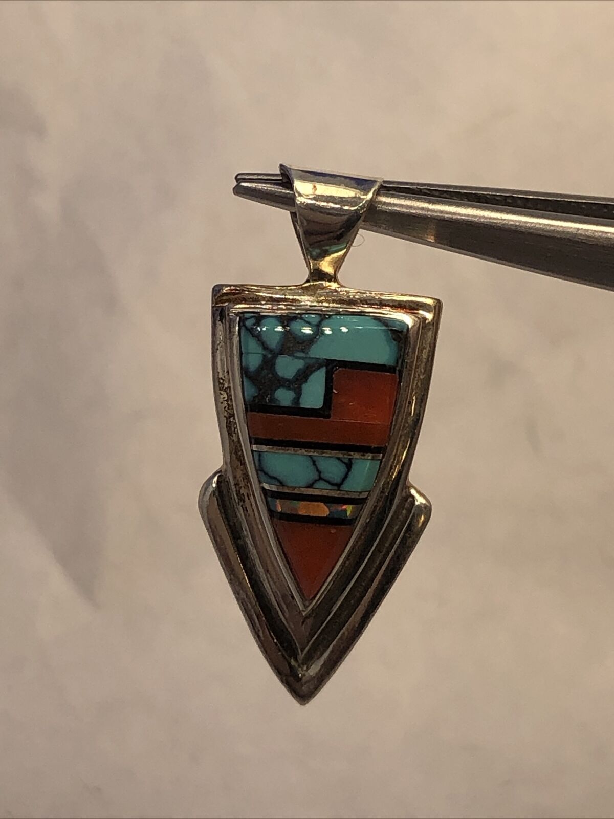 Native American Concho 925 Silver Turquoise Coral Opal Inlay Triangle Pendant