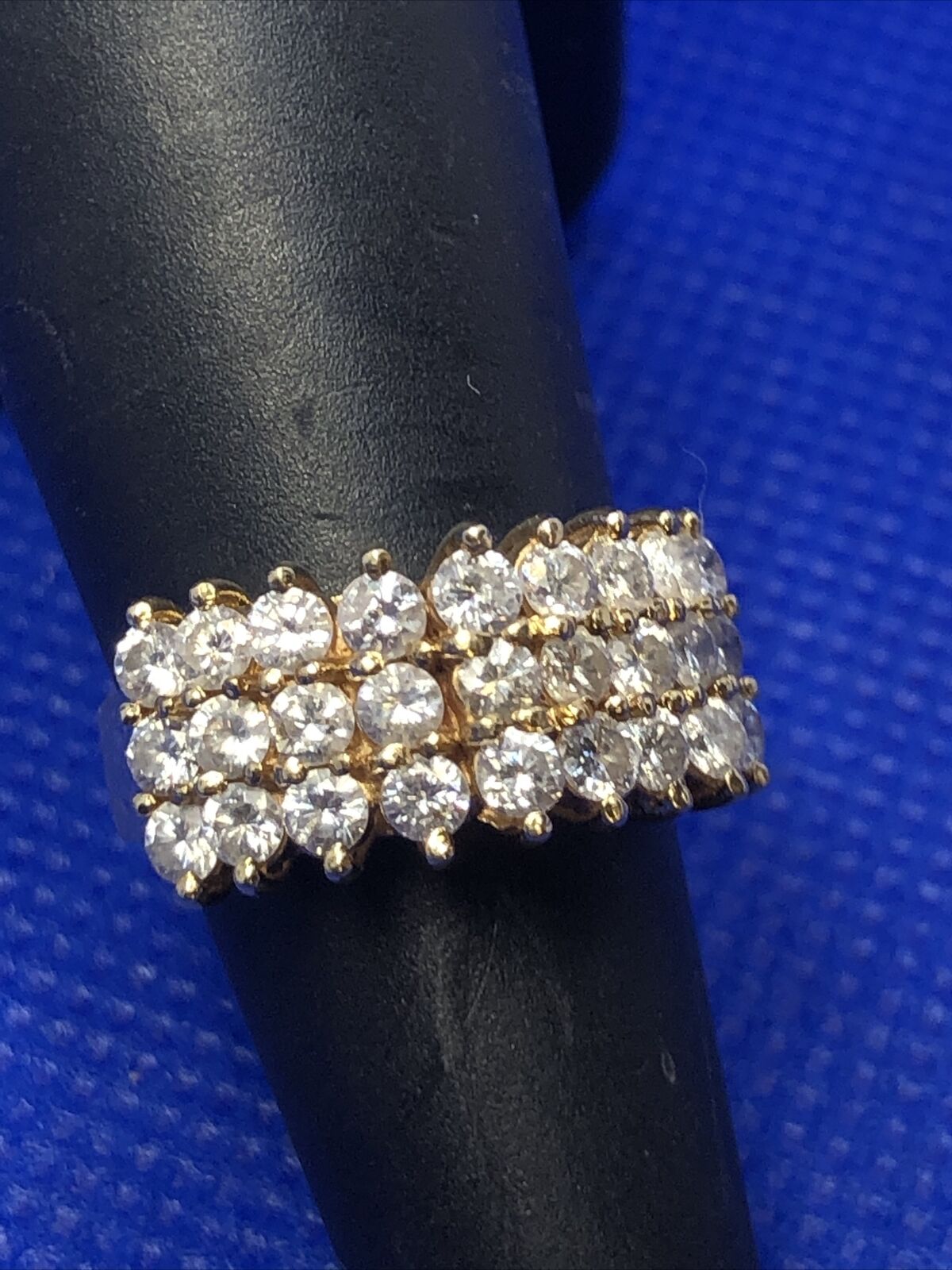 Unique 14K Yellow Gold Round Diamond 3 Rows Cluster Dome Statement Band Ring