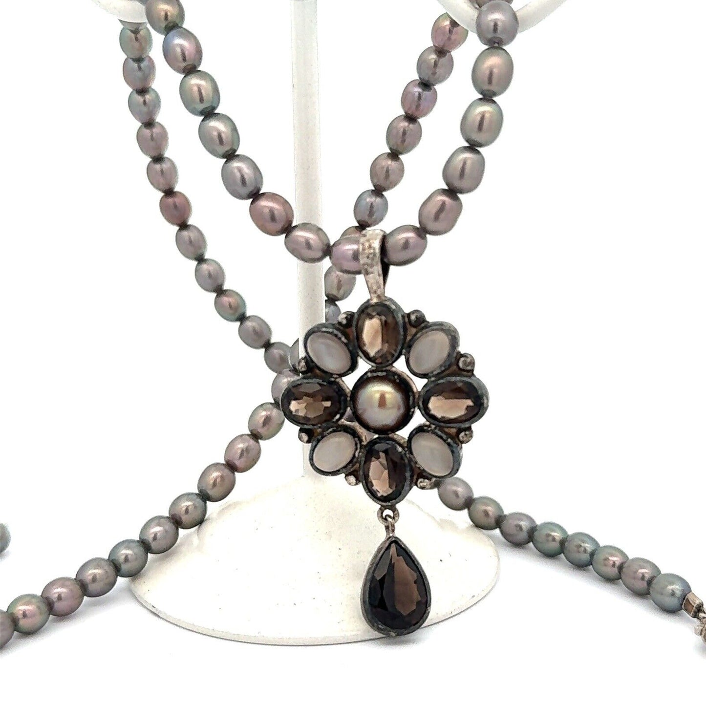 Designer JGD 925 Sterling Silver Moonstone Smokey Topaz Pearl Beaded Necklace