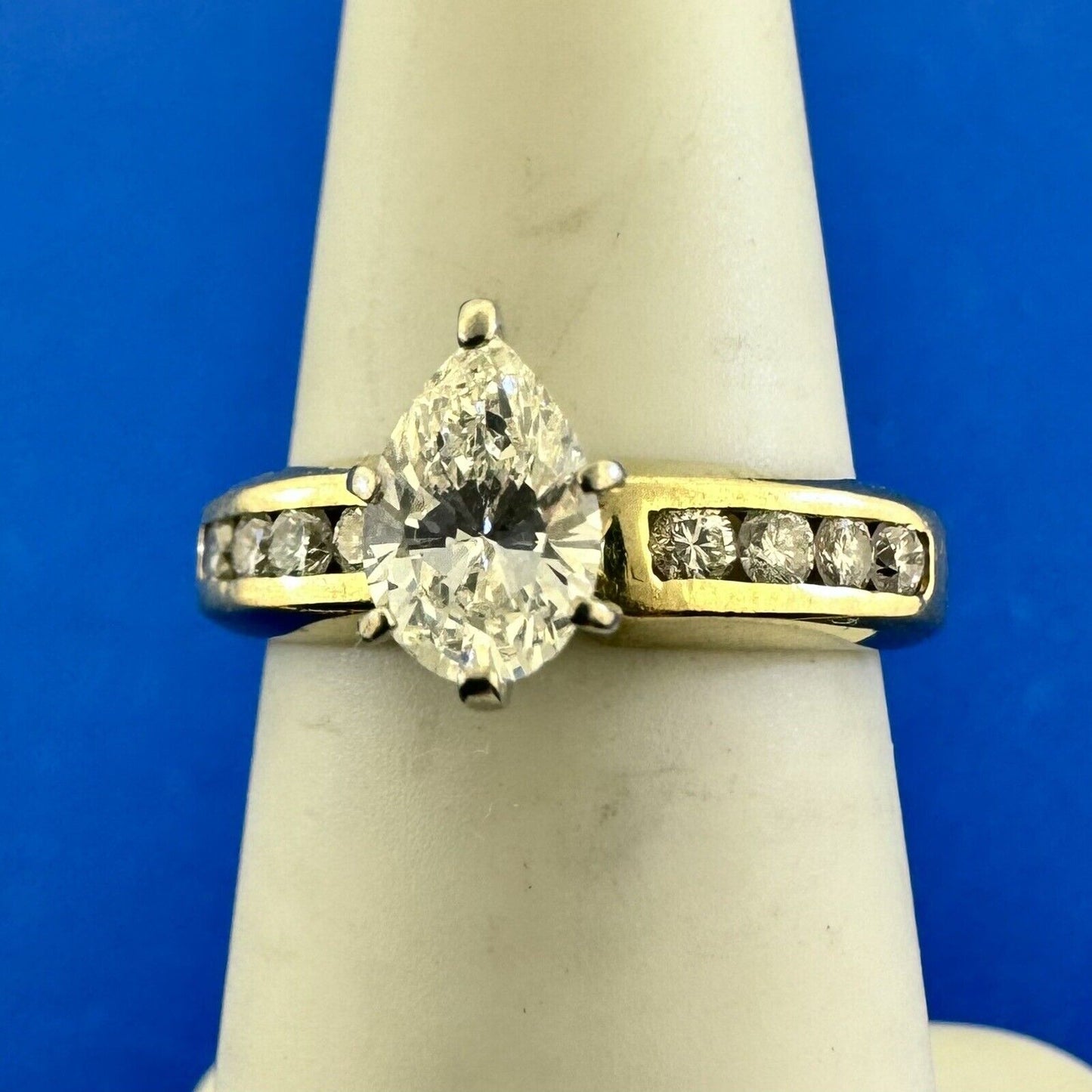 Designer RJK 14K Yellow Gold Pear Diamond Solitaire w/Accents Engagement Ring