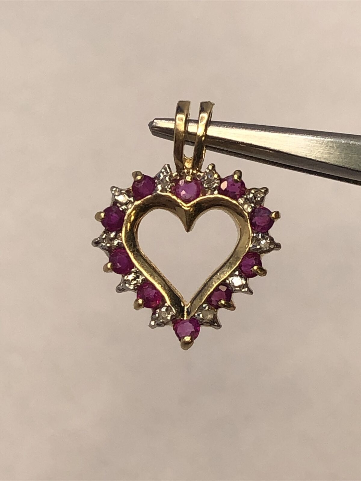 Designer CCC 10K Yellow Gold Round Ruby Diamond Cutout Love Heart Petite Pendant