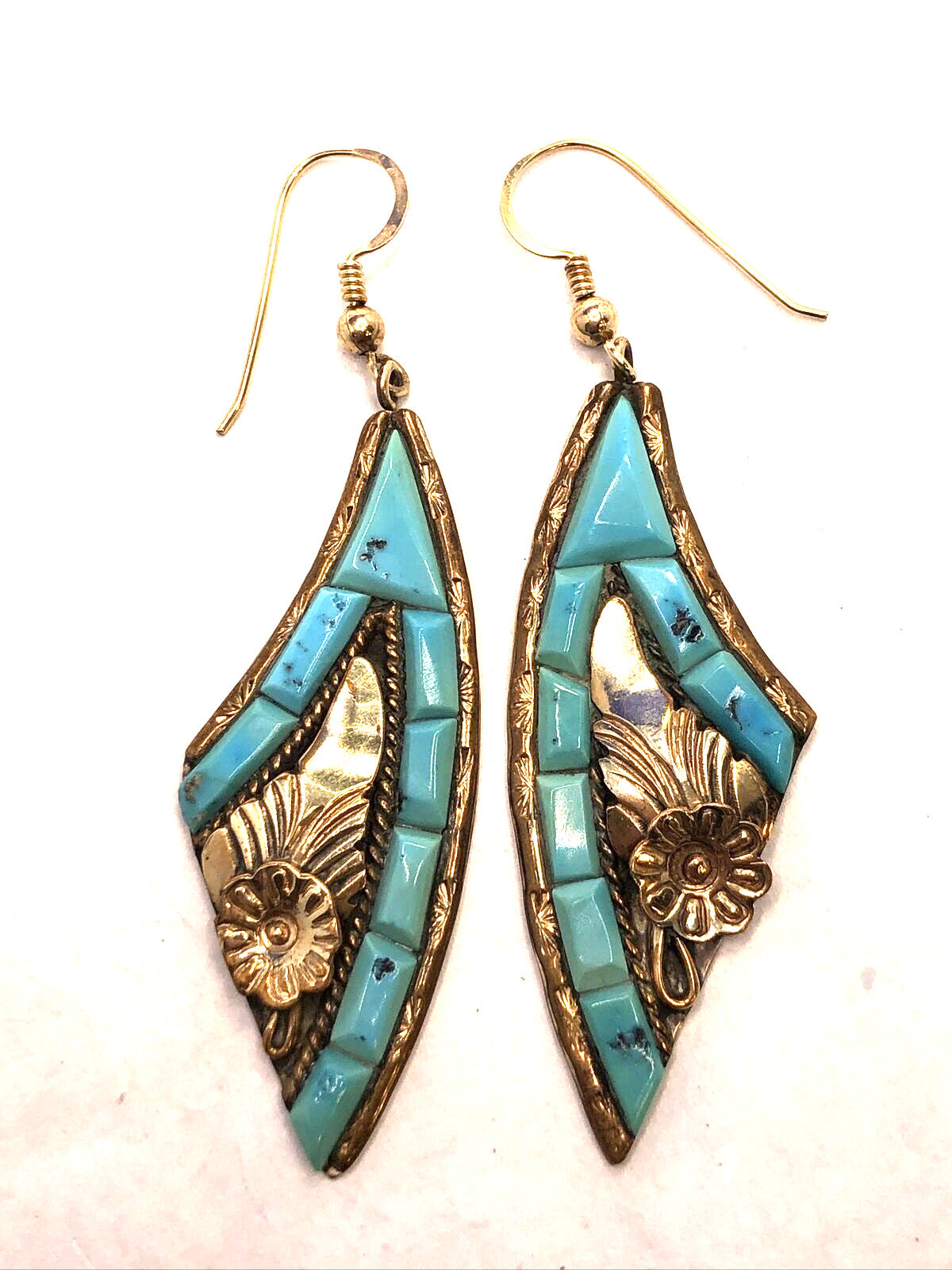 Navajo Silver Ray 925 Sterling Silver Vermeil Turquoise Drop Dangle Earrings