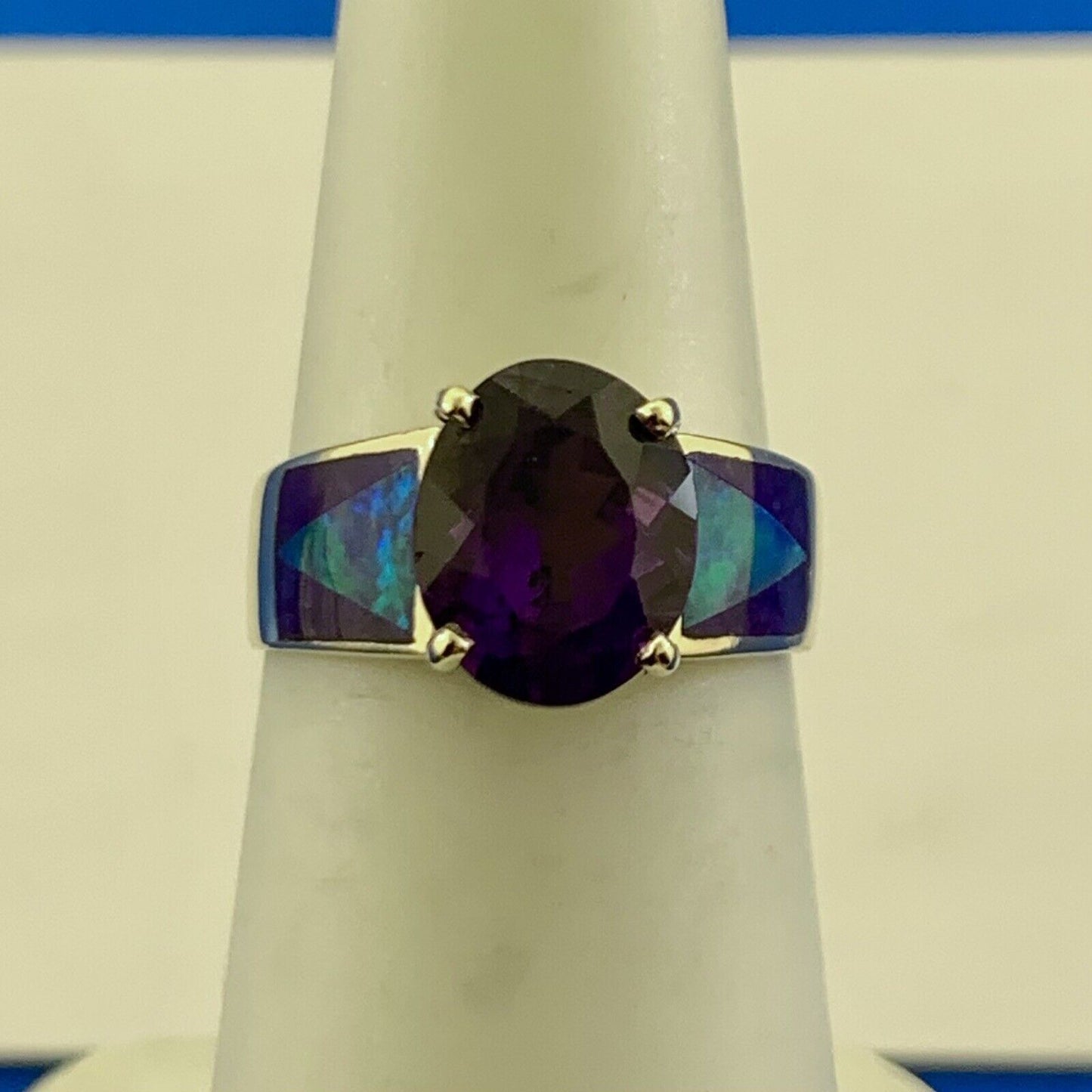 Vintage 14K Yellow Gold Oval Amethyst Opal Inlay Purple Enamel Cocktail Ring