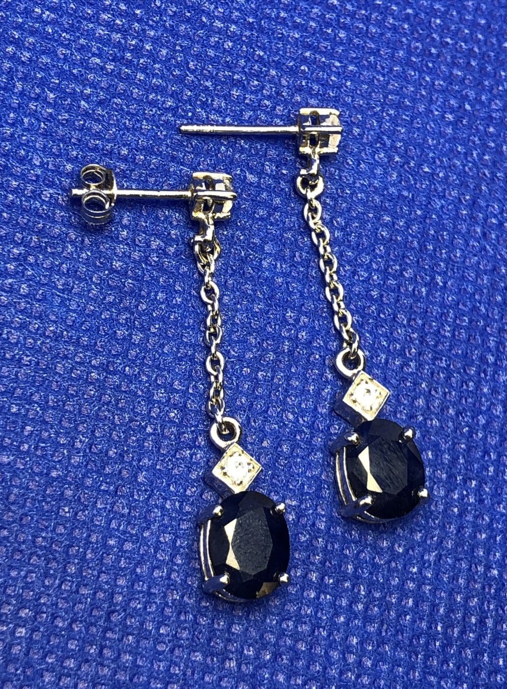 TGGC 925 Sterling Silver Oval Sapphire White Topaz Accents Dangle Stud Earrings