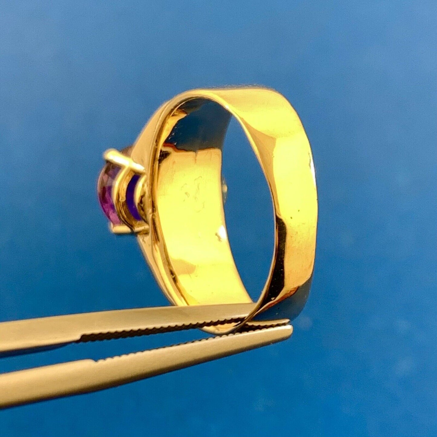 Vintage 14K Yellow Gold Oval Amethyst Opal Inlay Purple Enamel Cocktail Ring