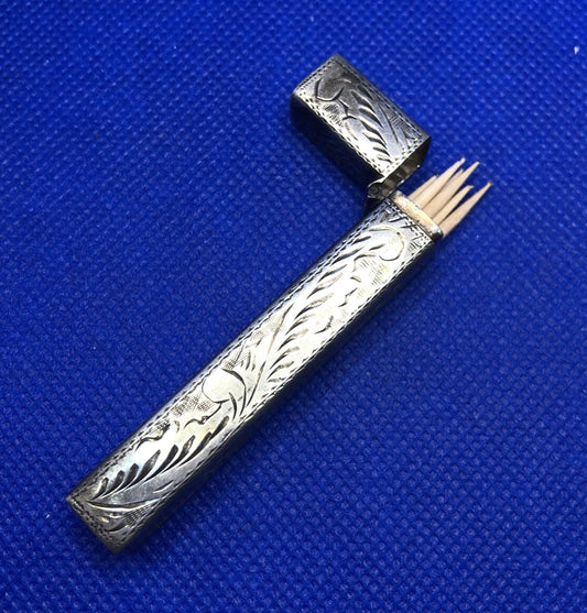 Vintage 925 Sterling Silver Scroll Vines Leaf Pill Needle Toothpick Holder Case