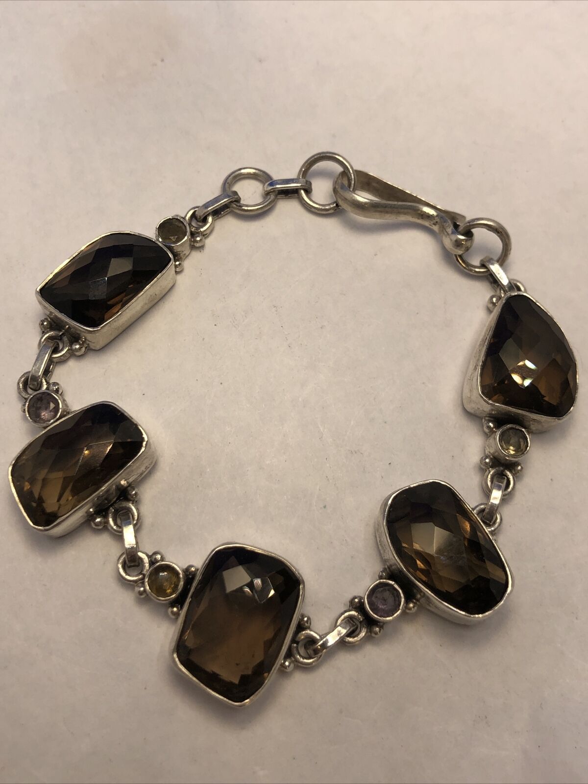 Unique 925 Sterling Silver Smokey Quartz Amethyst Statement Hook Bracelet