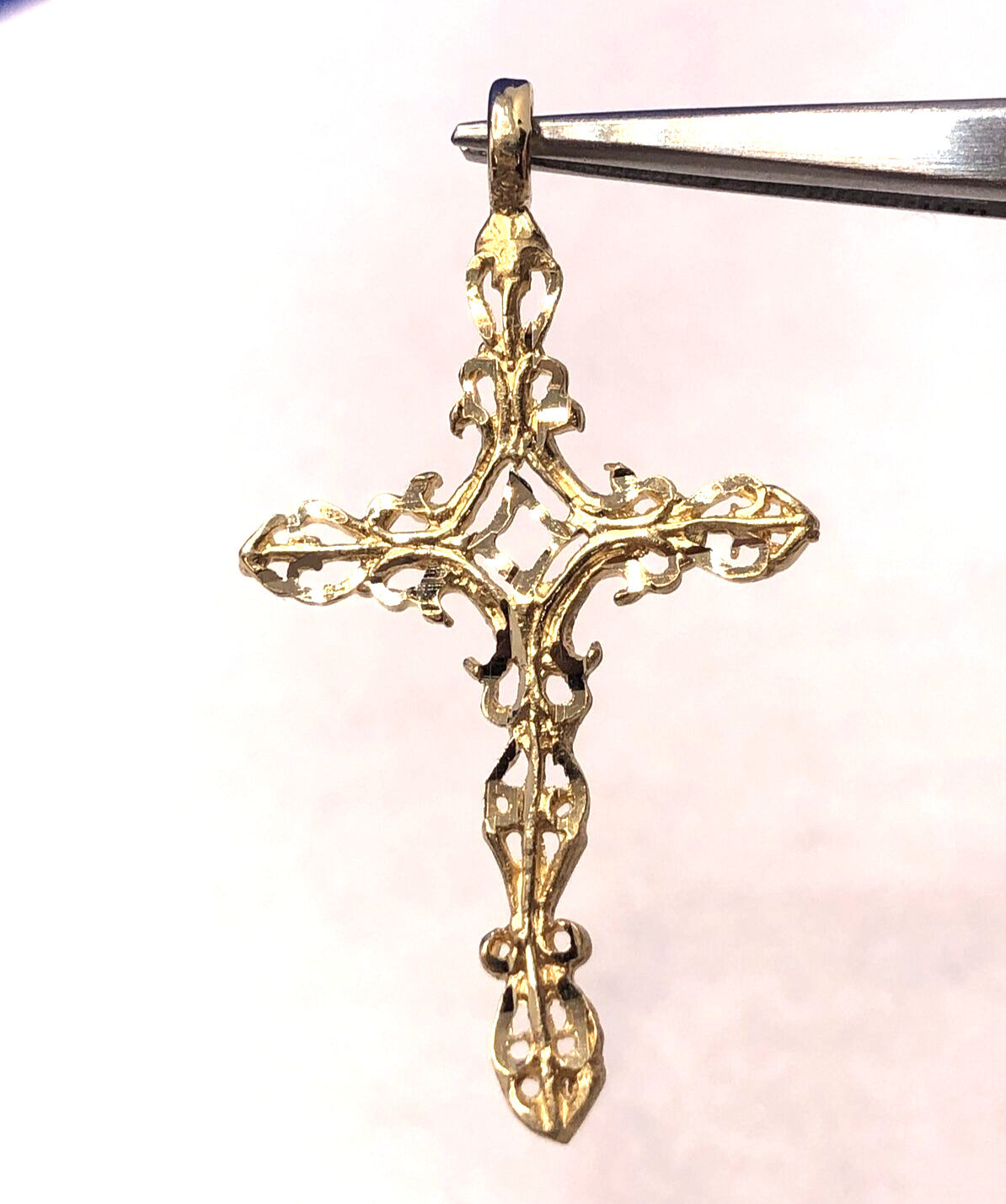 Designer ASJ 14K Yellow Gold Filigree Scroll Detailed Religious Cross Pendant