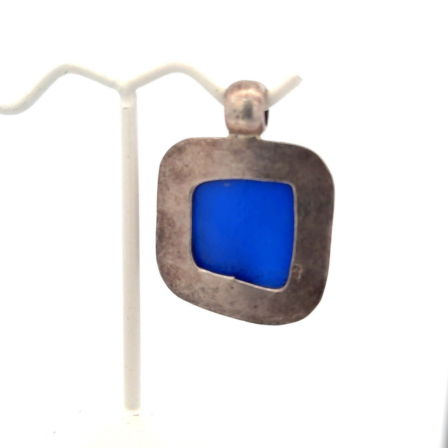 Vintage 925 Sterling Silver Square Blue Diacrylic Glass Statement Pendant