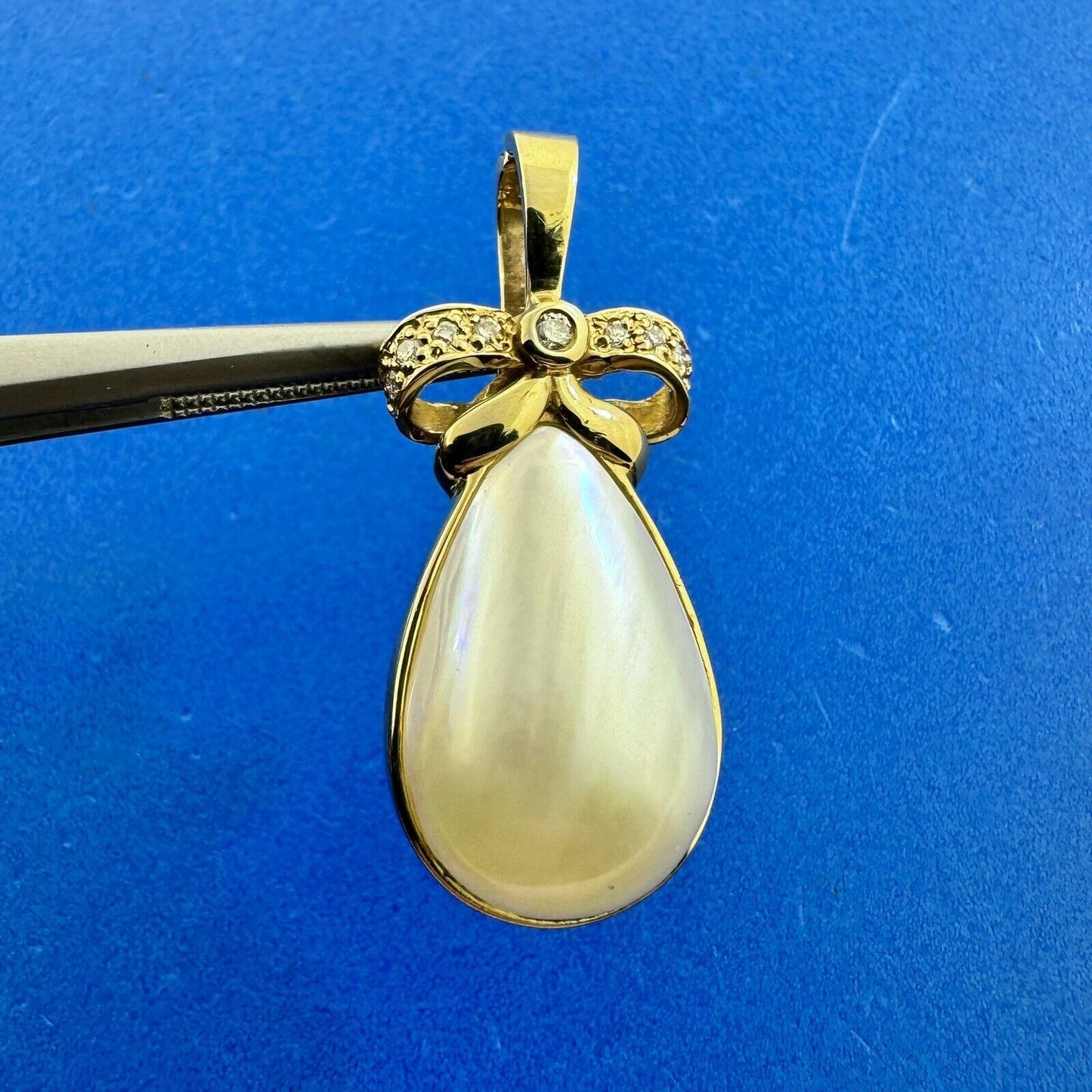 Designer 14K Yellow Gold Teardrop Pearl Diamond Accent Bow Enhancer Pendant