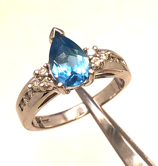 Designer 14K White Gold Pear Blue Topaz Round Diamond Engagement Size 7 Ring