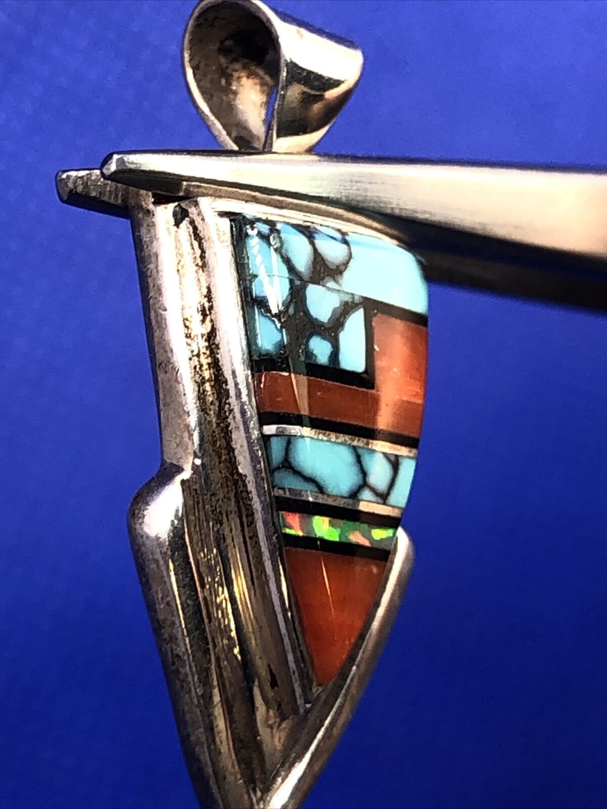 Native American Concho 925 Silver Turquoise Coral Opal Inlay Triangle Pendant