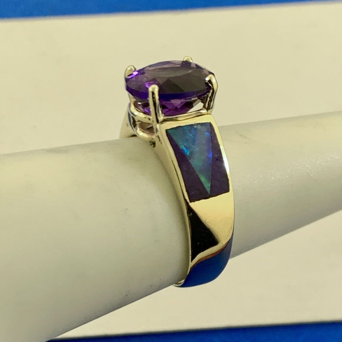 Vintage 14K Yellow Gold Oval Amethyst Opal Inlay Purple Enamel Cocktail Ring