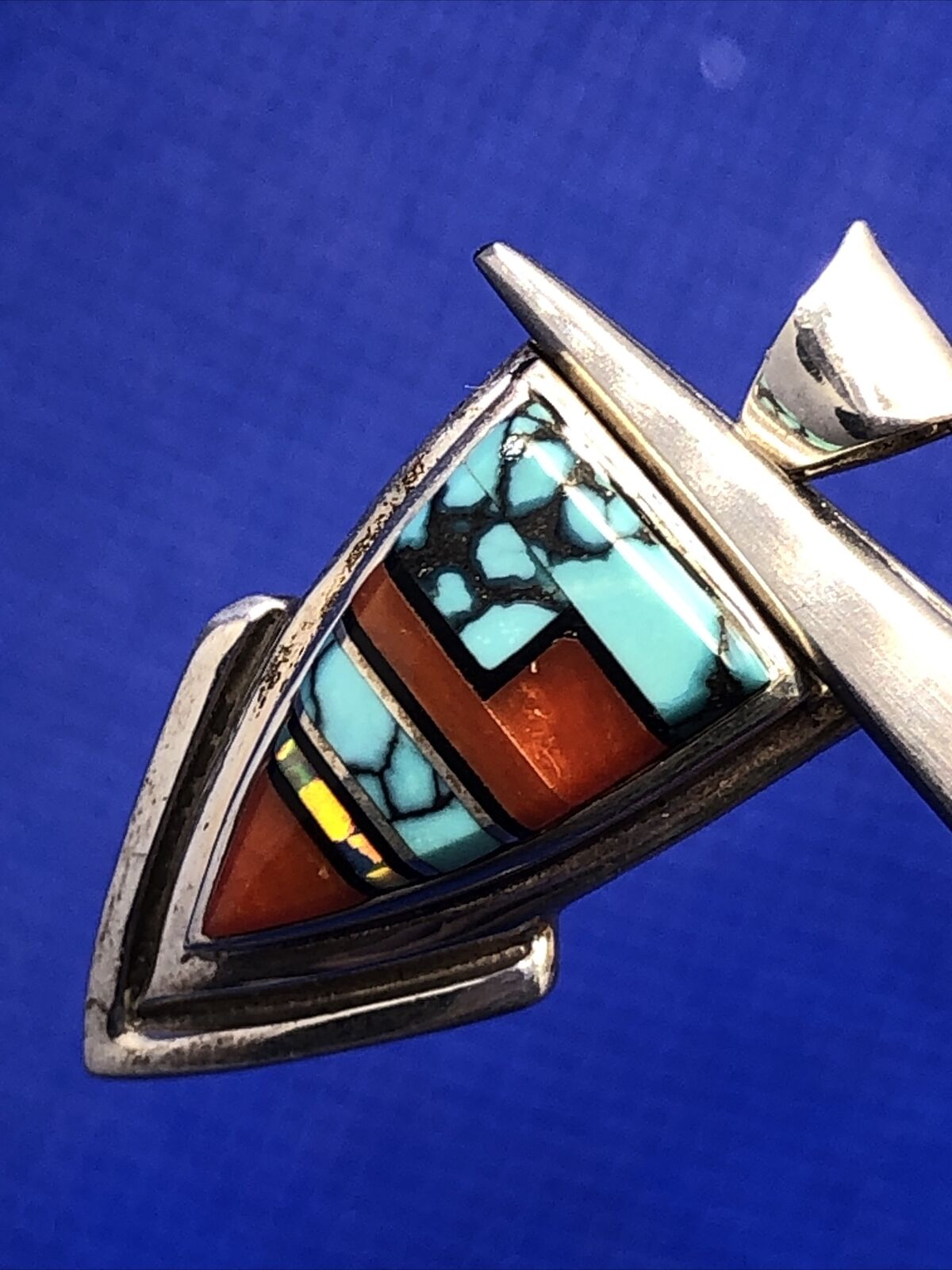 Native American Concho 925 Silver Turquoise Coral Opal Inlay Triangle Pendant