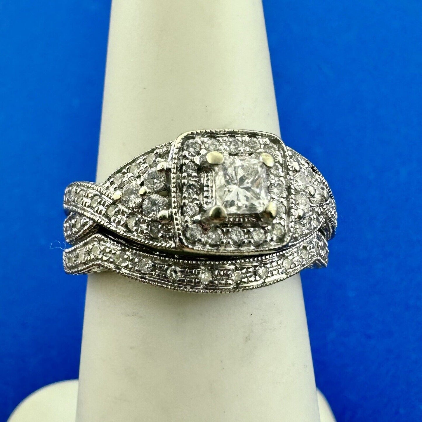 Designer 14K White Gold Diamond Ring 10K White Gold Band Diamond Ring Set