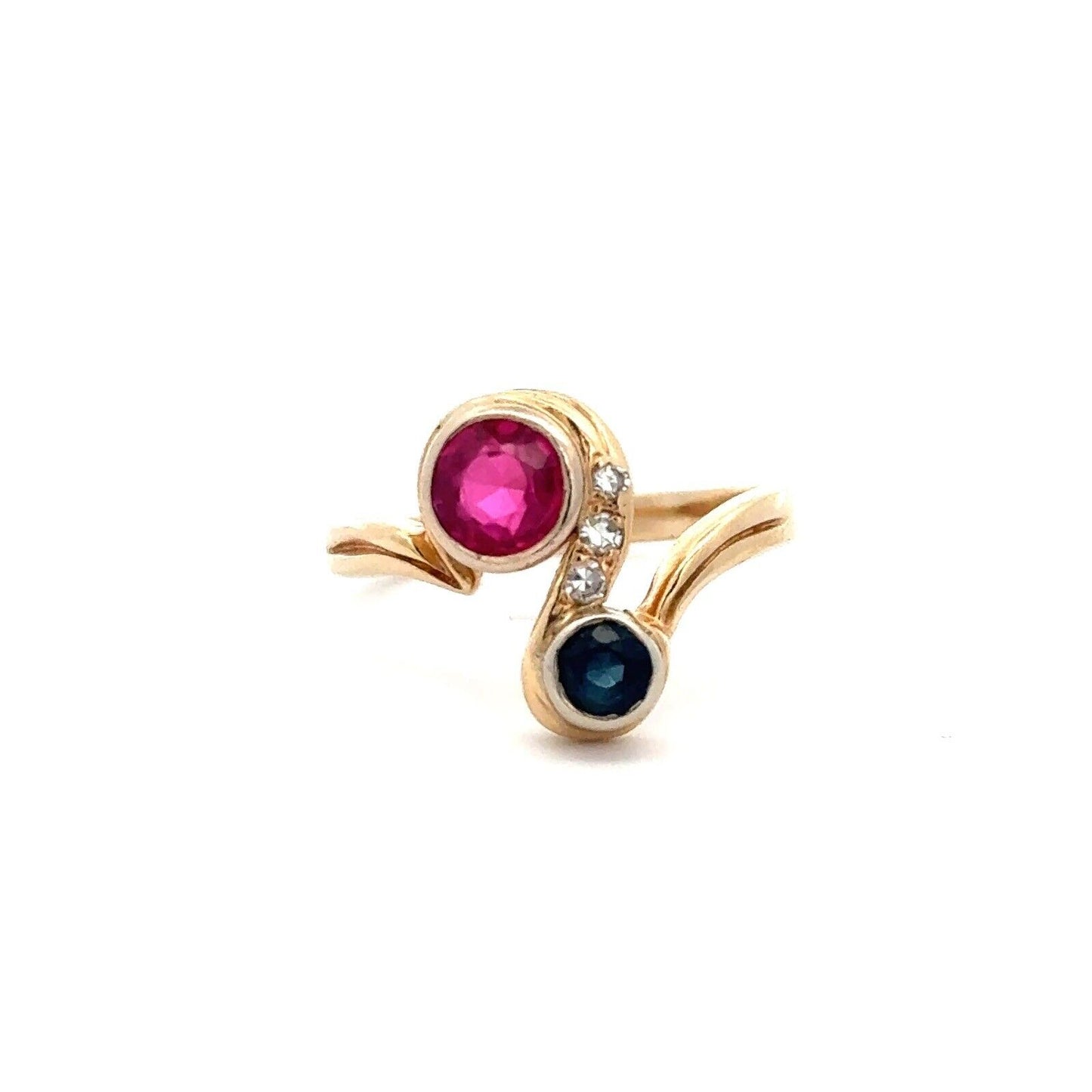 Vintage Custom 14K Yellow Gold Round Blue Sapphire Ruby Diamond Bypass Ring