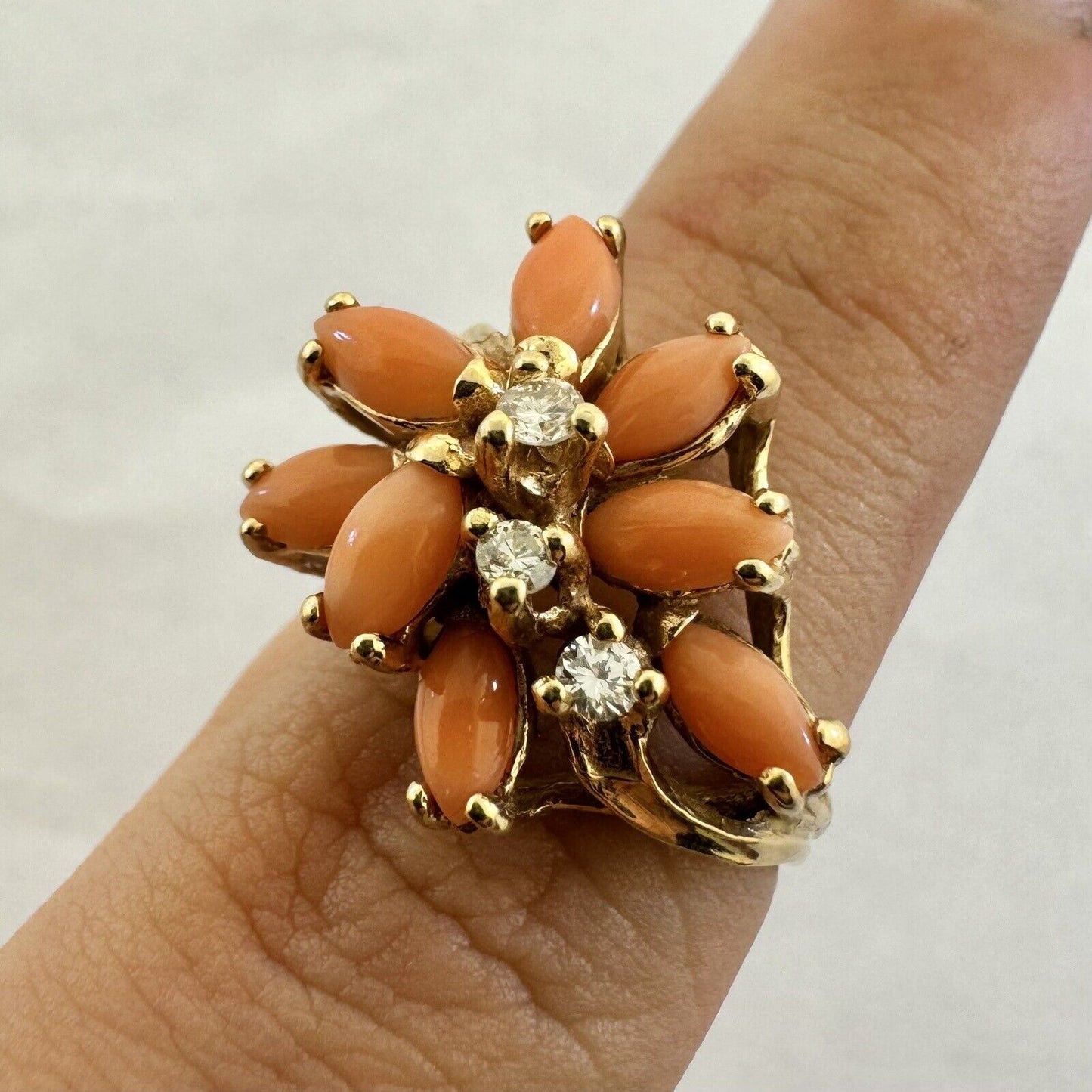 Designer 14K Yellow Gold Pink Coral Diamond Statement Cocktail Ring