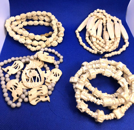 Vintage Hand Carved Resin Beaded Assorted Lot of Four Necklaces