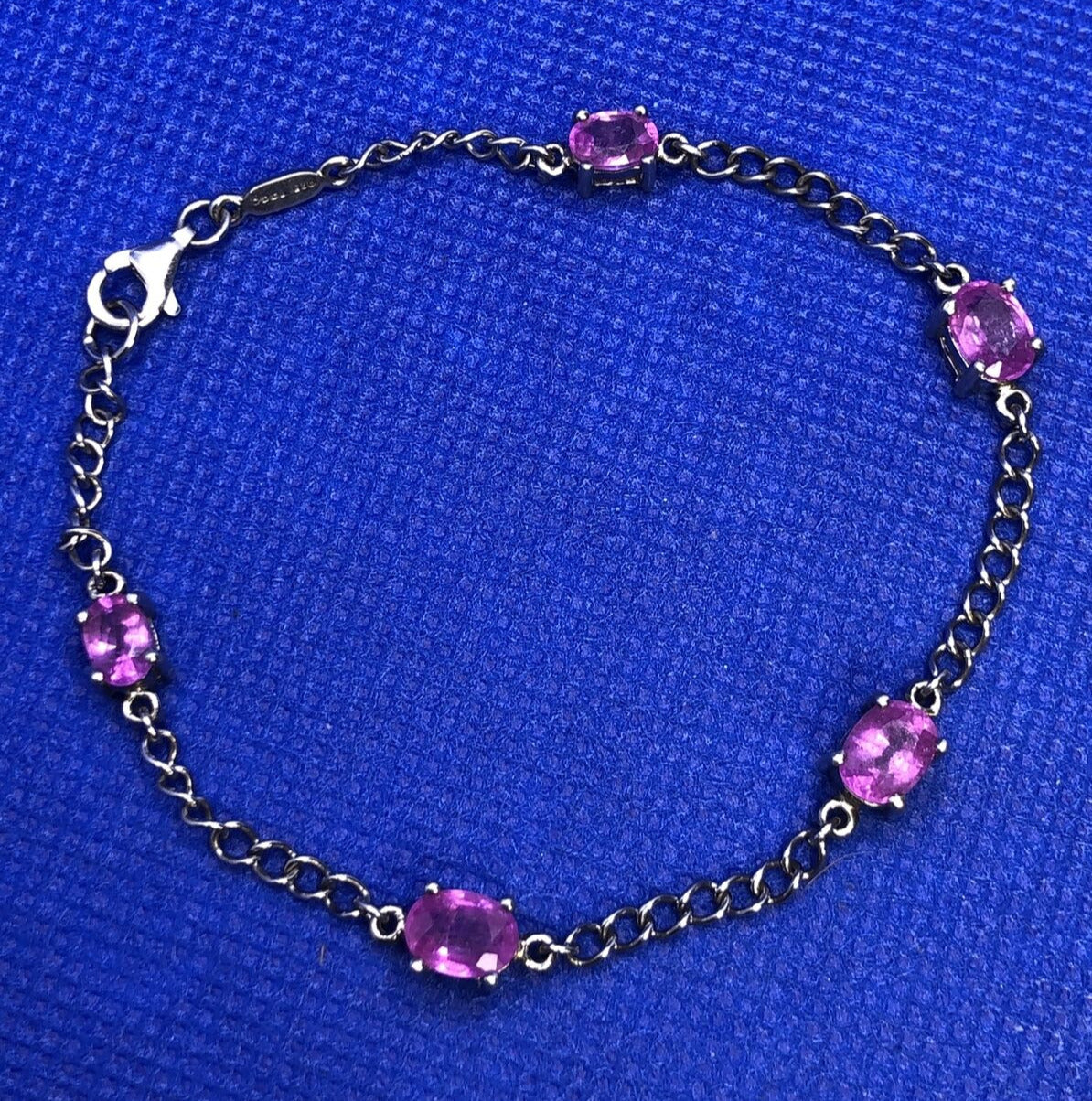 Designer TGGC Sterling Silver Oval Pink Sapphire Station Chain Tennis Bracelet