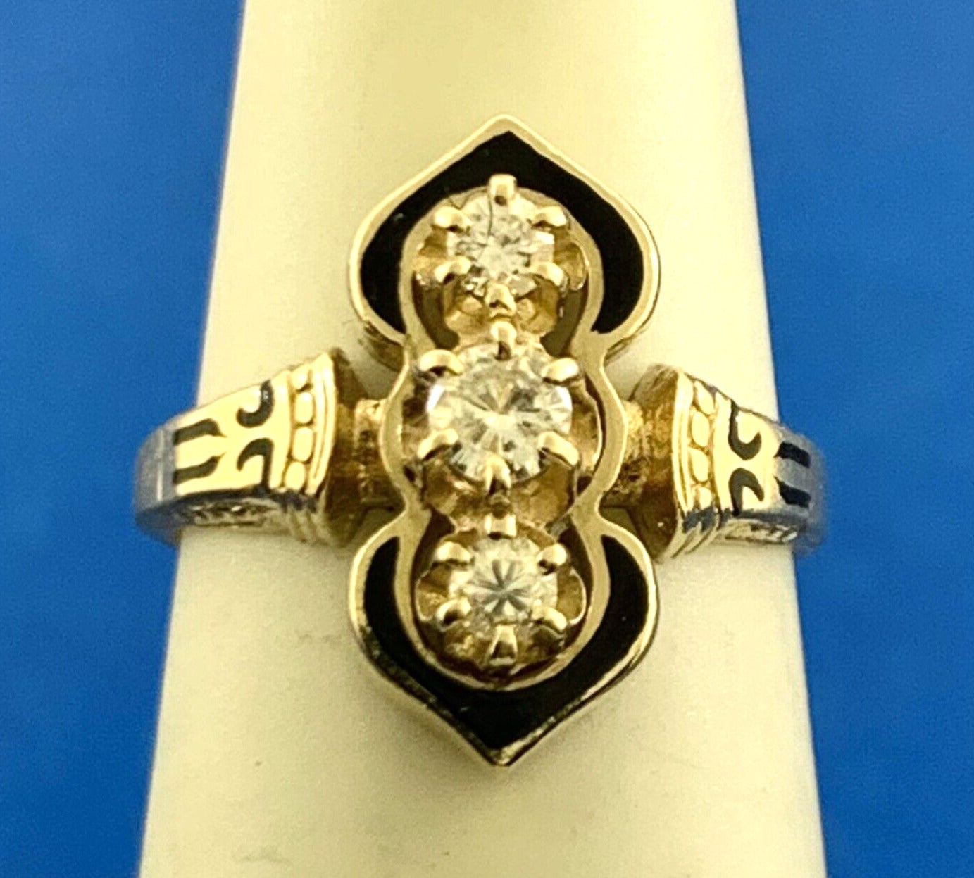 Designer Vintage Art Deco 14K Yellow Gold Diamond Black Enamel Cocktail Ring